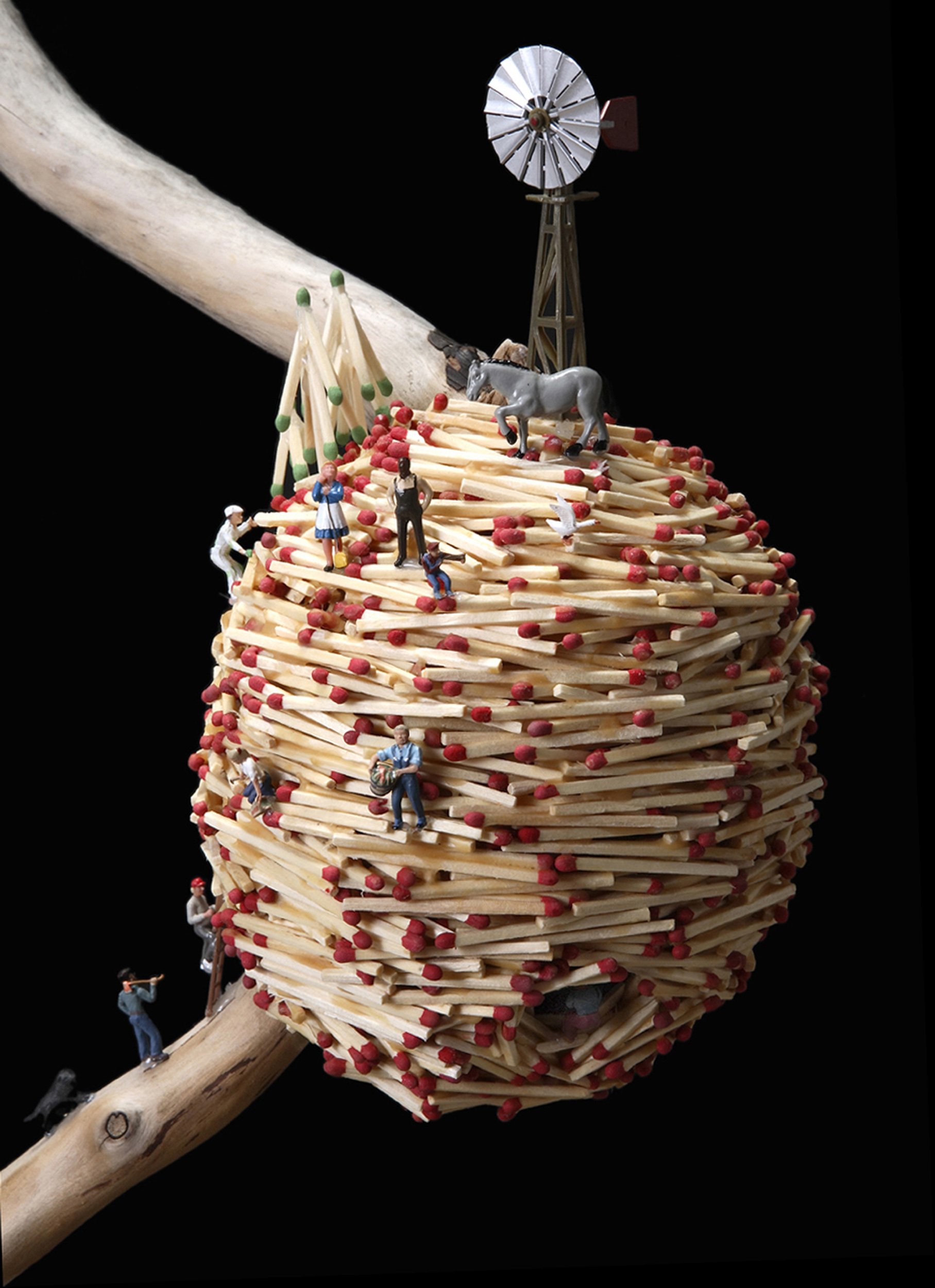 NATURAL RESOURCES, DETAIL 2, driftwood, wood matchsticks, scale-model figures, 72" x 36" x 12", 2011,  Flash Point Series  