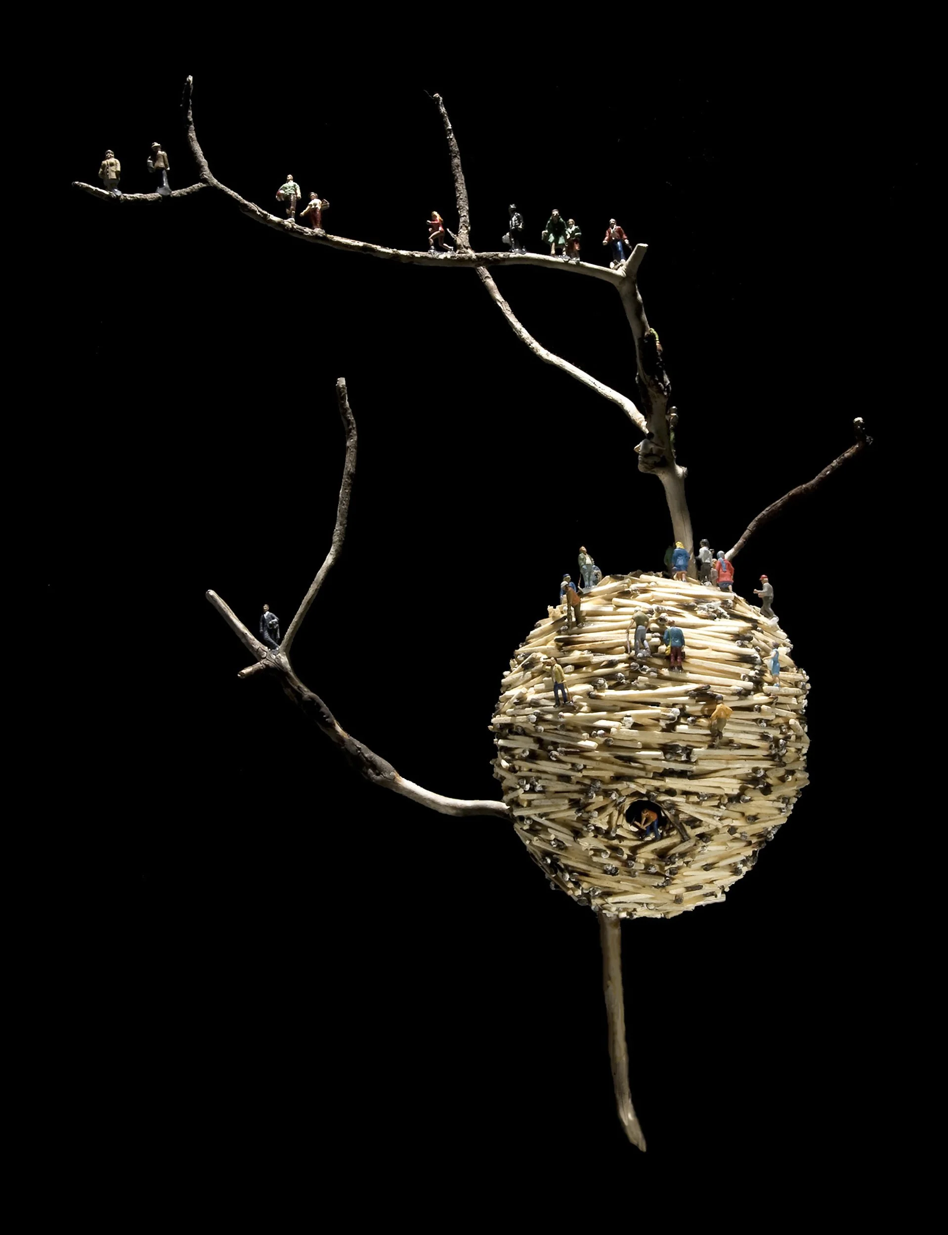 OLD GROWTH, wood matchsticks, driftwood, wood glue, scale-model figures, 21"h x 12"w 9.5"d, 2010,  Flash Point Series  