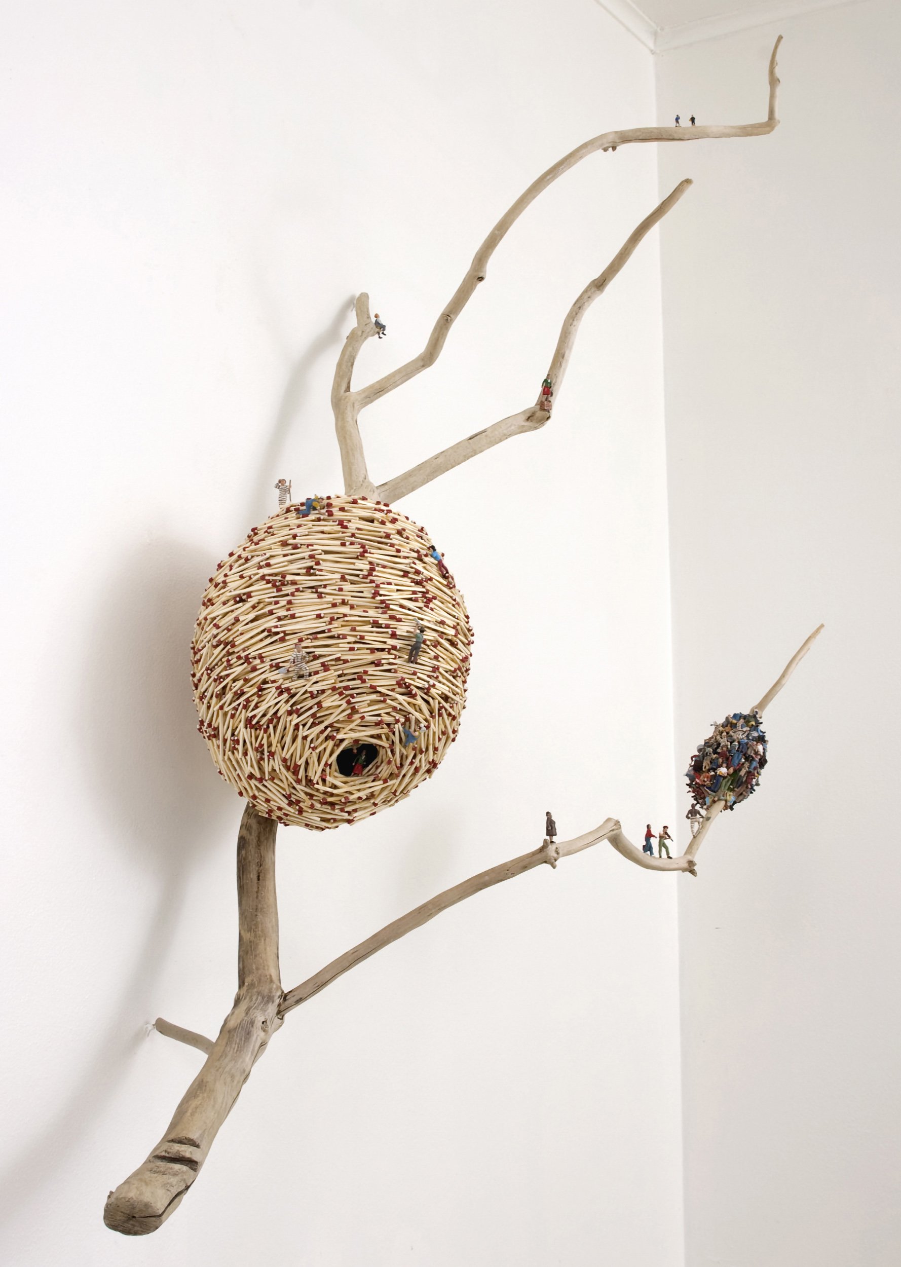 SWARM, wood matchsticks, wood glue, driftwood branch, scale-model figures, 58" x 45", 2009,  Flash Point Series  