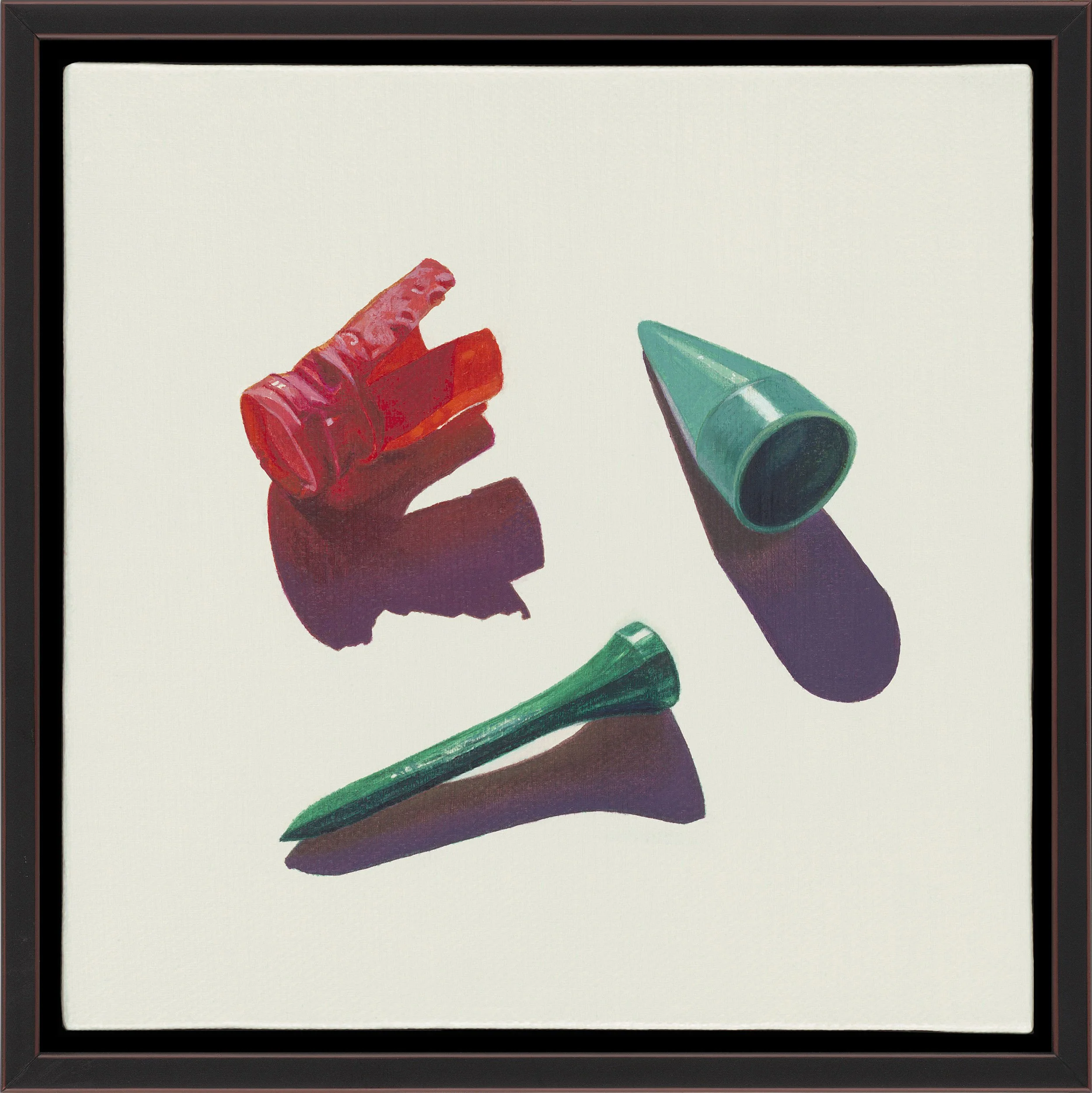 MARINE ARTIFACT NO. 9 (SHOTGUN WAD, BOTTLE ROCKET NOSECONE, GOLF TEE), oil on canvas, 6" x 6", 2016,  Artifact Series 
