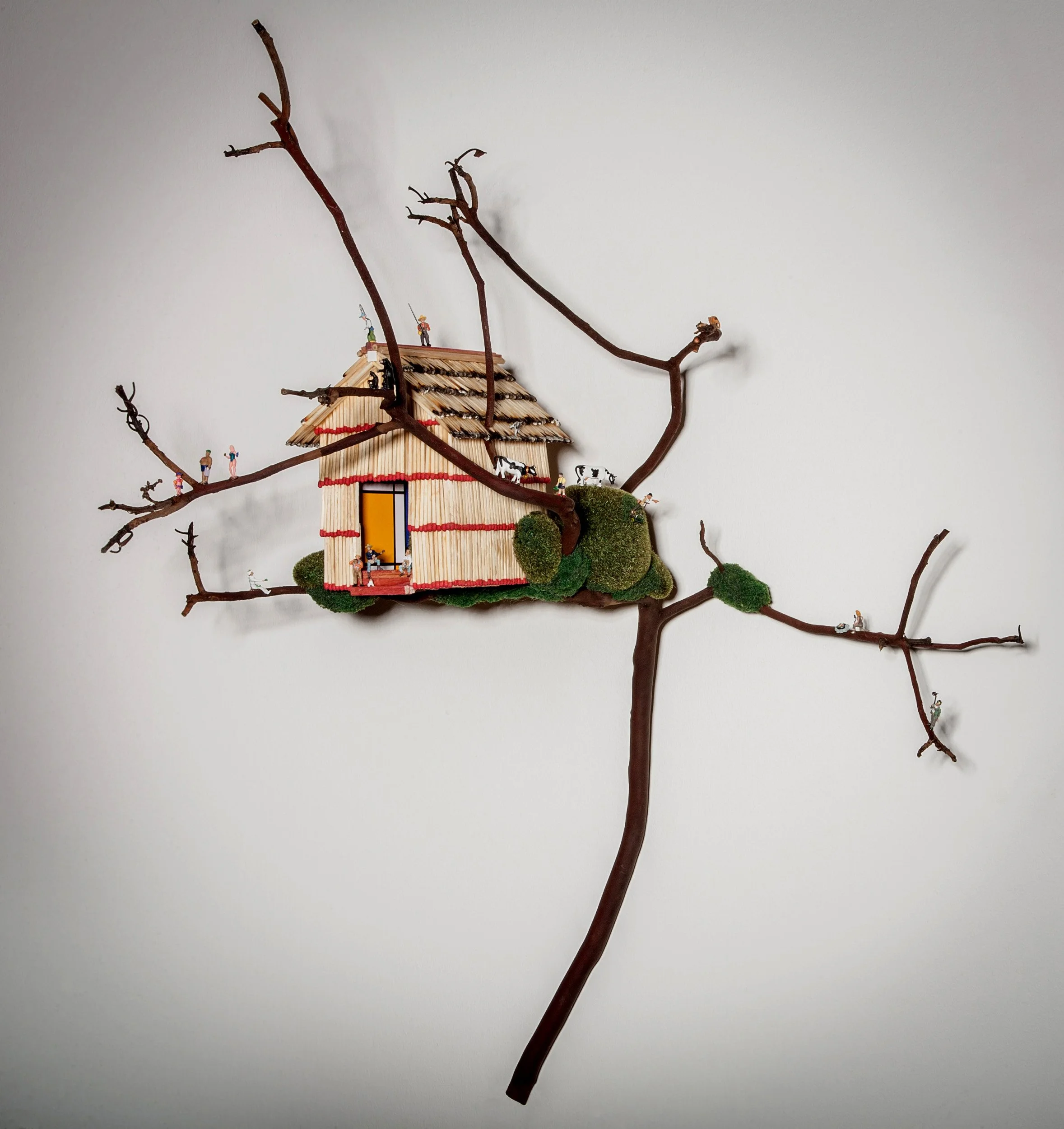 BOUGH HOUSE, wooden matchsticks, madrone branch, scale model figures, 2013,  Flash Point Series  