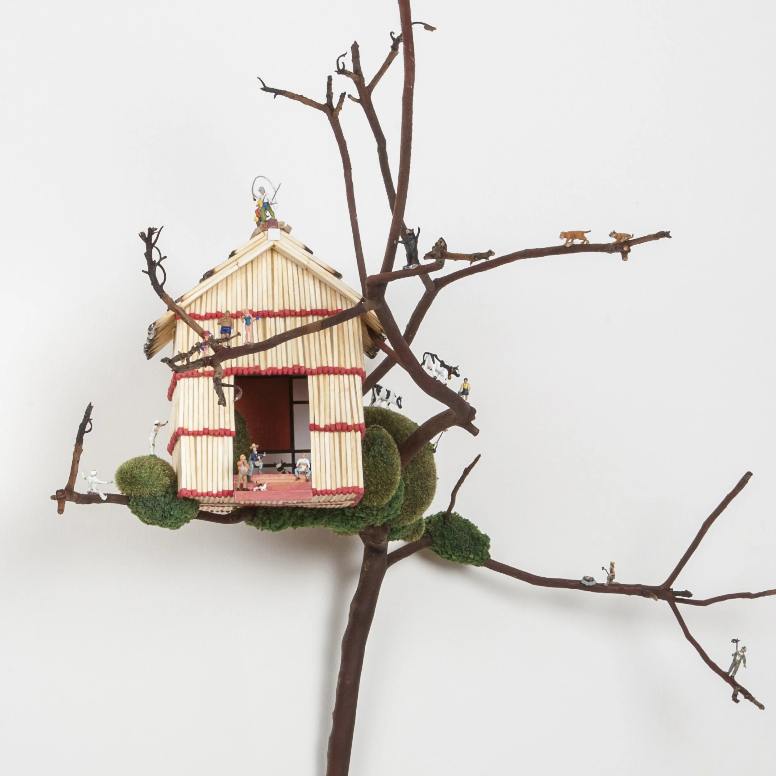 BOUGH HOUSE-detail 2, wood matchsticks, madrone branch, scale model figures, 2013,  Flash Point Series  