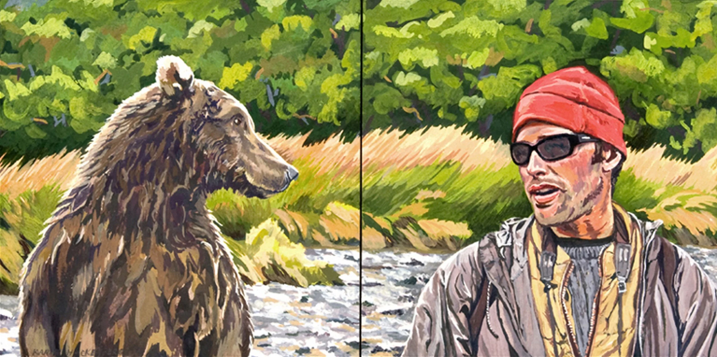 HEY BEAR DIPTYCH, gouache on paper, 7" x 14", 2007,  Divining Line Series 