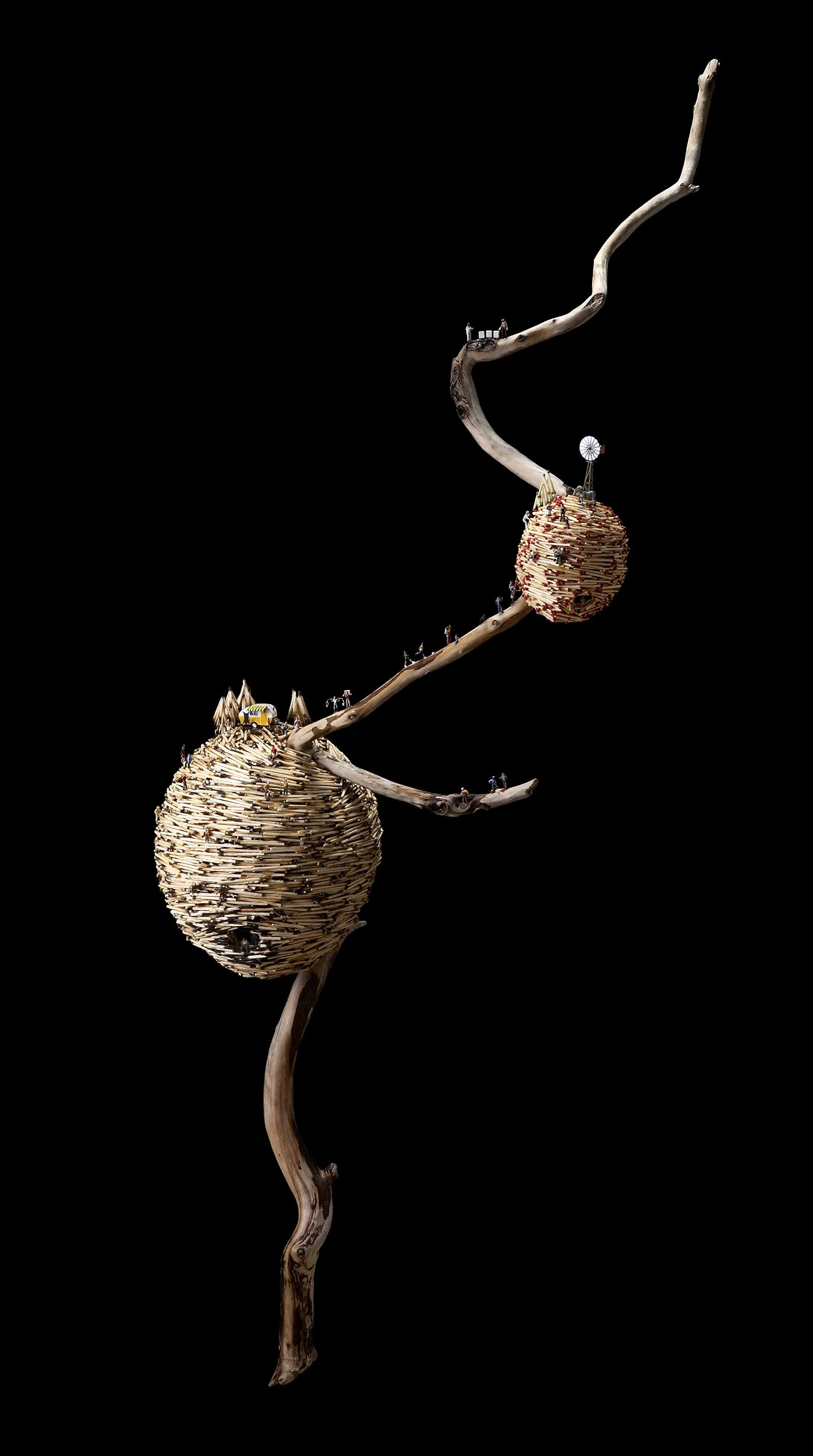 NATURAL RESOURCES, driftwood, wood matchsticks, scale-model figures, 72" x 36" x 12", 2011,  Flash Point Series  