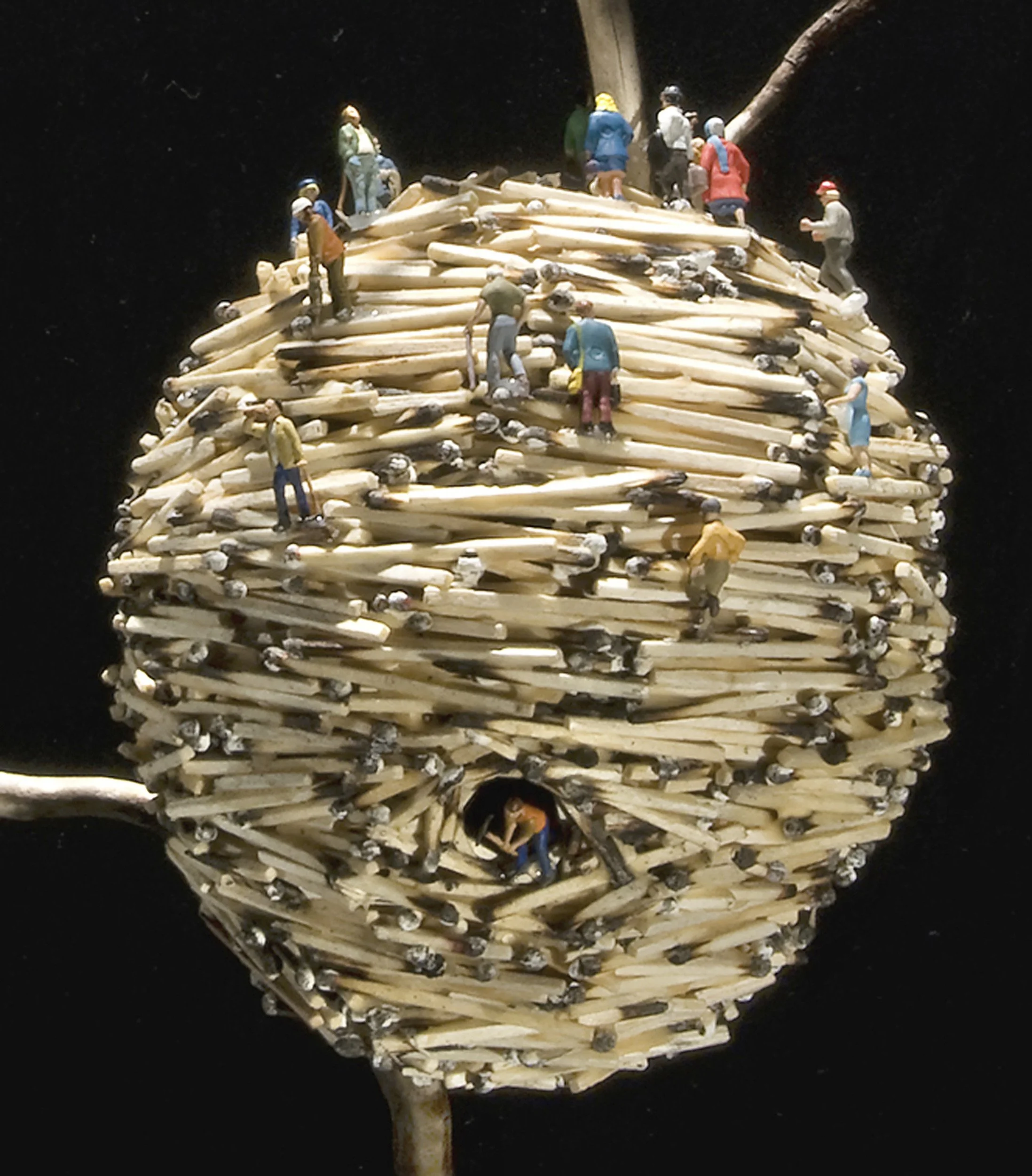 OLD GROWTH, DETAIL 3, wood matchsticks, driftwood, wood glue, scale-model figures, 21"h x 12"w 9.5"d, 2010,  Flash Point Series  