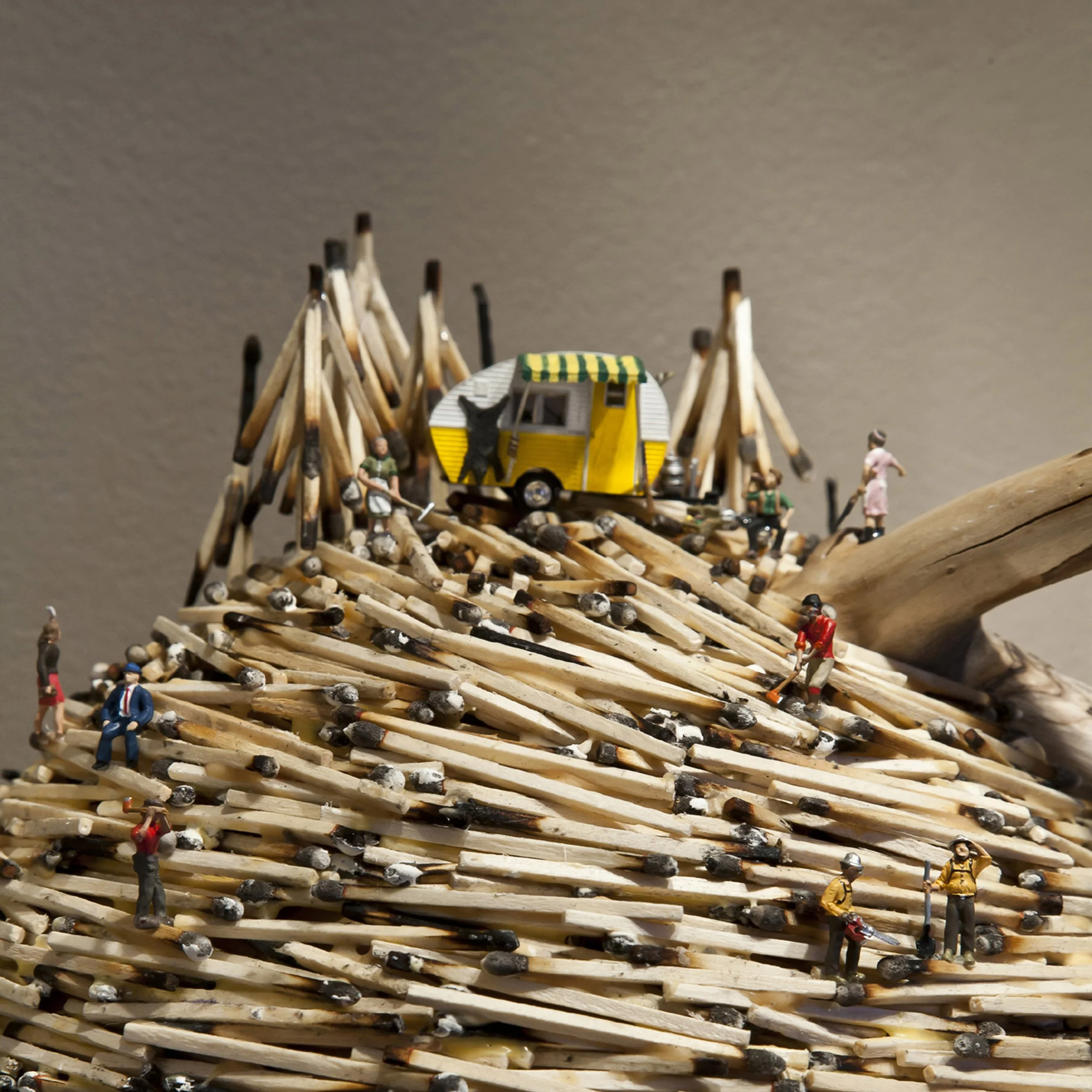 NATURAL RESOURCES, DETAIL 3, driftwood, wood matchsticks, scale-model figures, 72" x 36" x 12", 2011,  Flash Point Series  