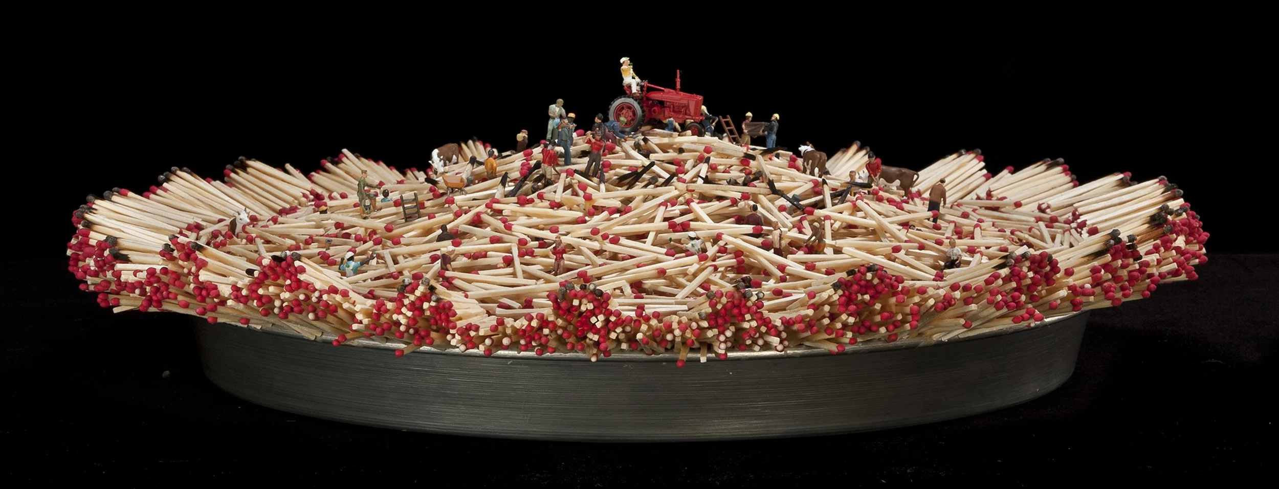 AMERICAN PIE, SIDE VIEW, wood matchsticks, miniature figures, aluminum pan, 3.5"h x 19" diam, 2011,  Flash Point Series  