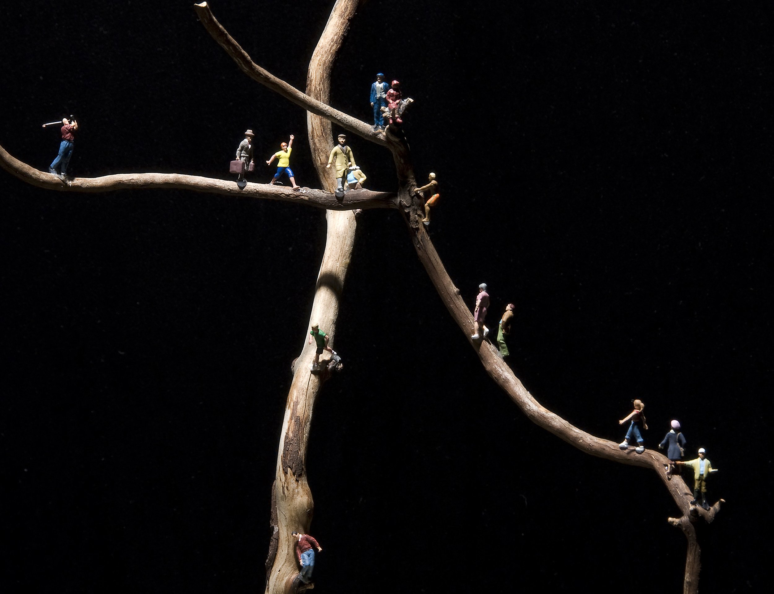 NEW GROWTH, DETAIL 3, wood matchsticks, driftwood, wood glue, scale-model figures, 33"h x 15"w 6.5"d, 2010,  Flash Point Series  