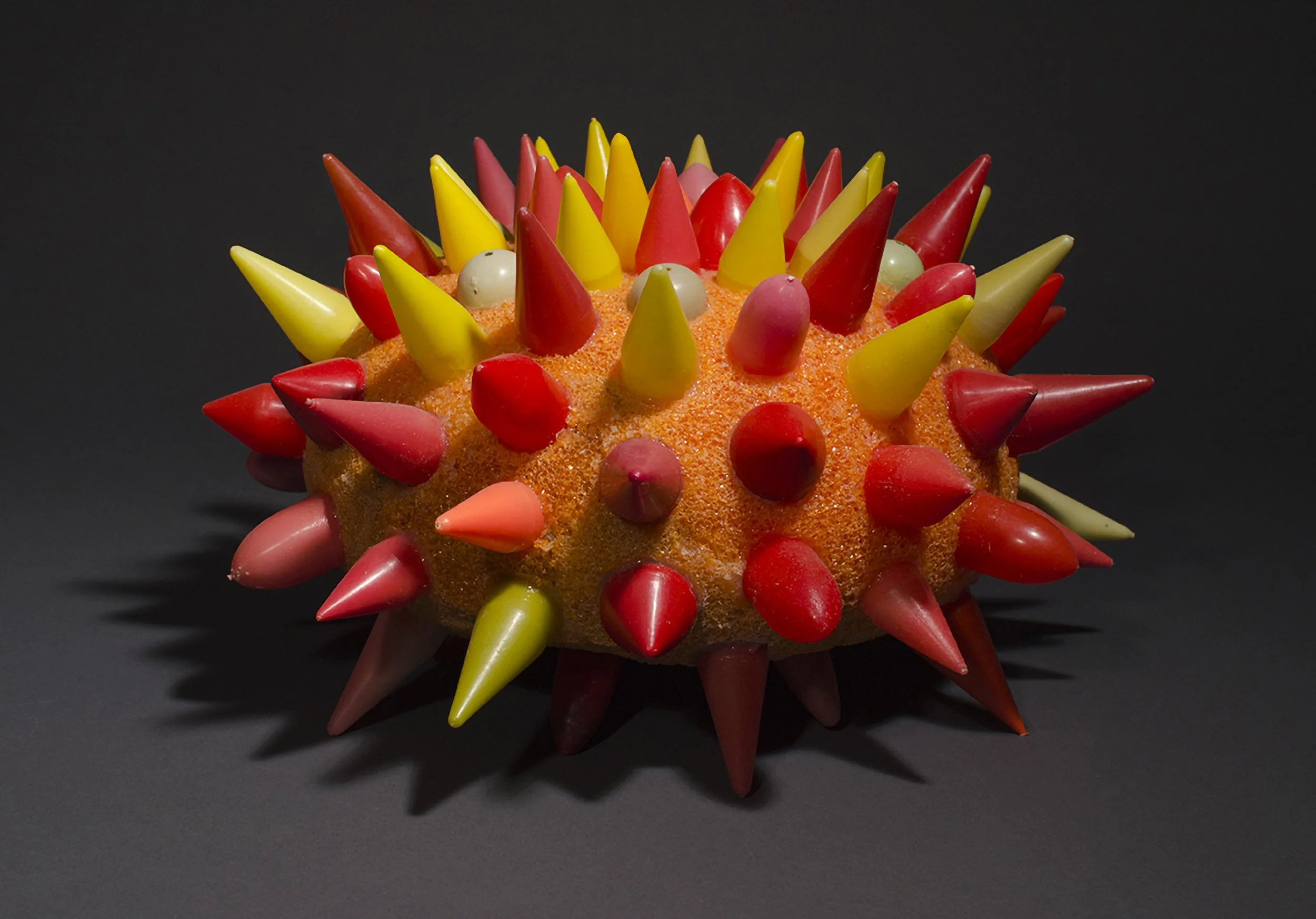 AMERICAN SEA URCHIN IV, beach-found plastic-bottle-rocket nose-cones, floatation foam, 7" x 12", 2011-2012