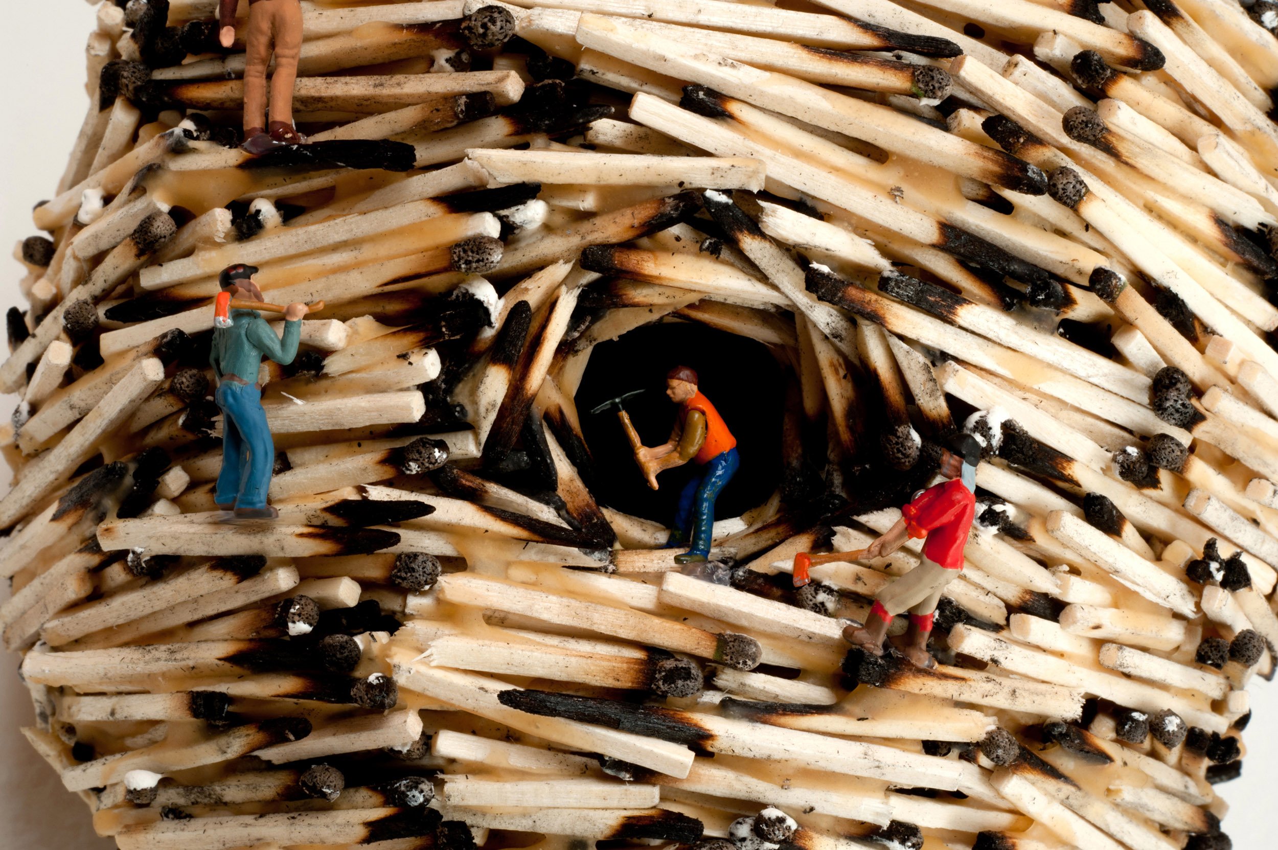 OUT ON A LIMB, DETAIL 3, wood matchsticks, madrone branch, scale-model figures, 18"h x 18"w x 12"d, 2011,  Flash Point Series  
