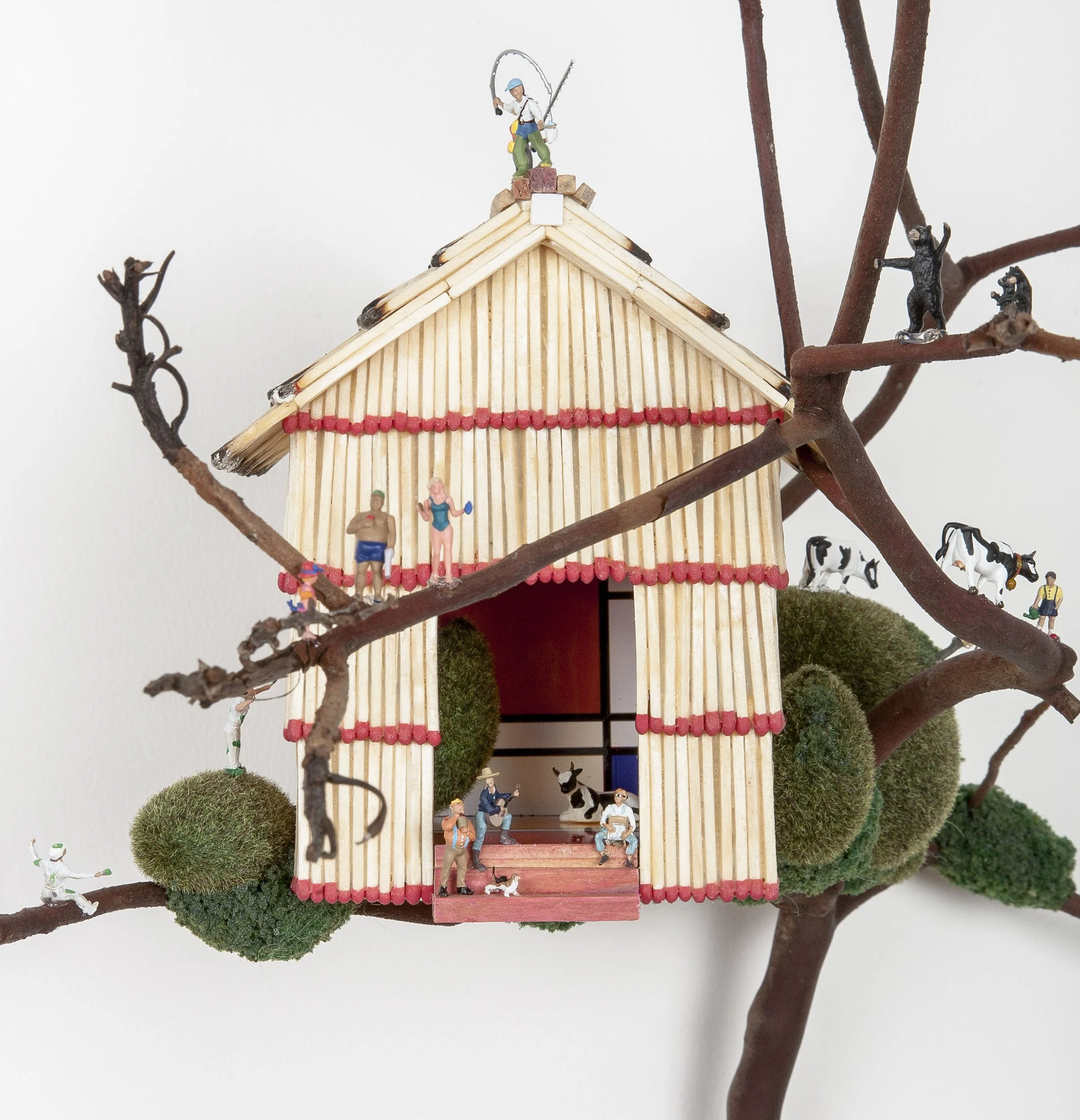 BOUGH HOUSE-detail 1, wood matchsticks, madrone branch, scale model figures, 2013,  Flash Point Series  