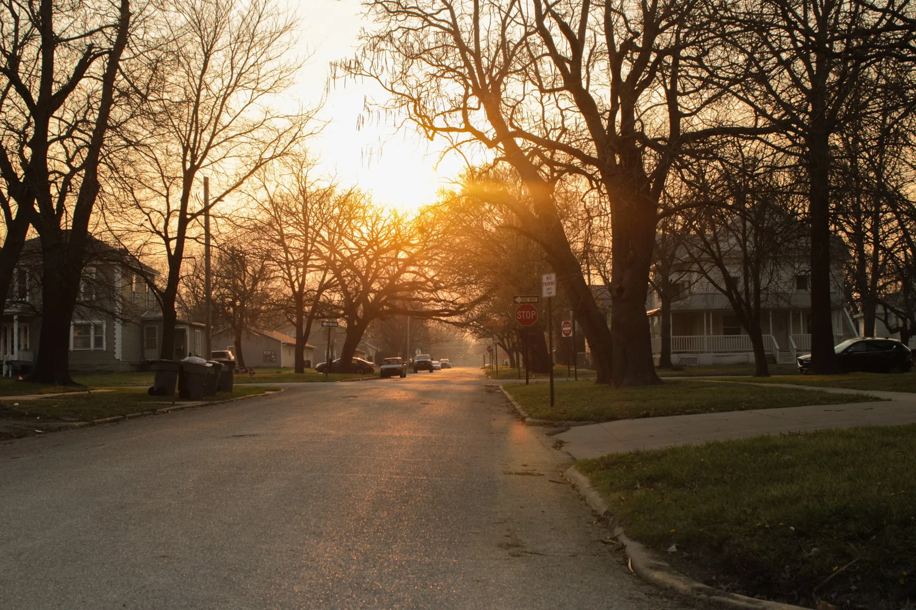 A residential street during sunset with leafless trees lining the sidewalks and houses in the background. The street has several parked cars and traffic signs. The sky is glowing with warm light from the setting sun.