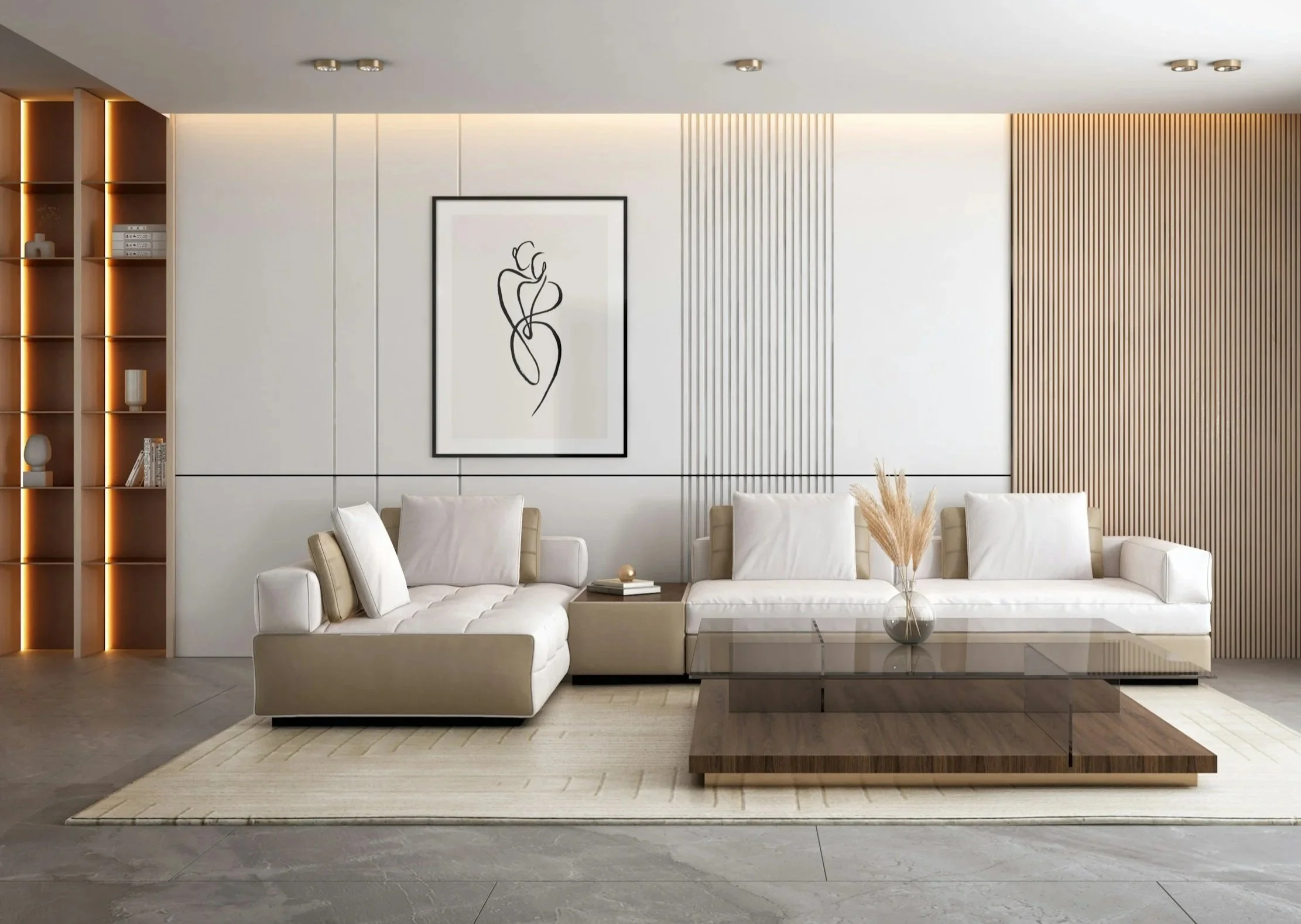 Modern interior design living room with a white couch, a glass-topped coffee table, a book, a vase with dried pampas grass, and wall art, with built-in shelving and wood paneling.
