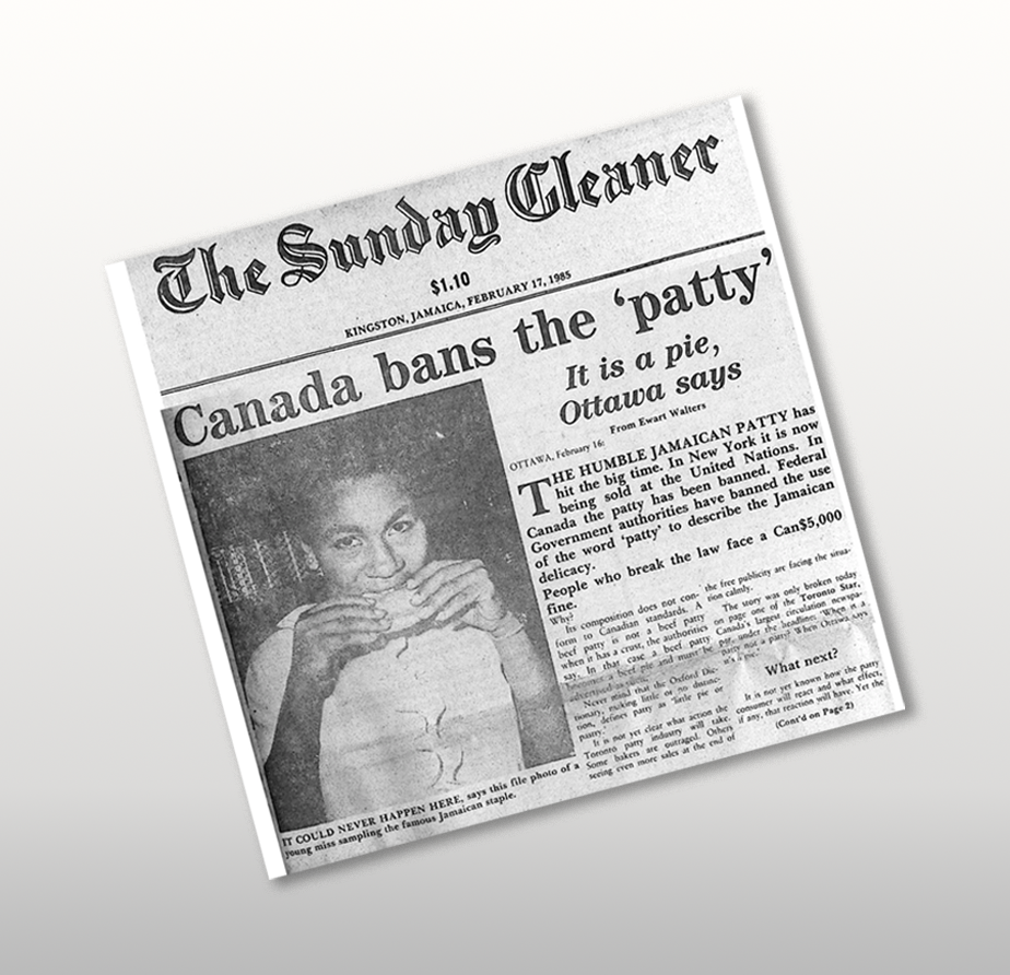 An article from a Jamaican newspaper covering the "patty wars" in Toronto, with a headline reading "Canada bans the patty".