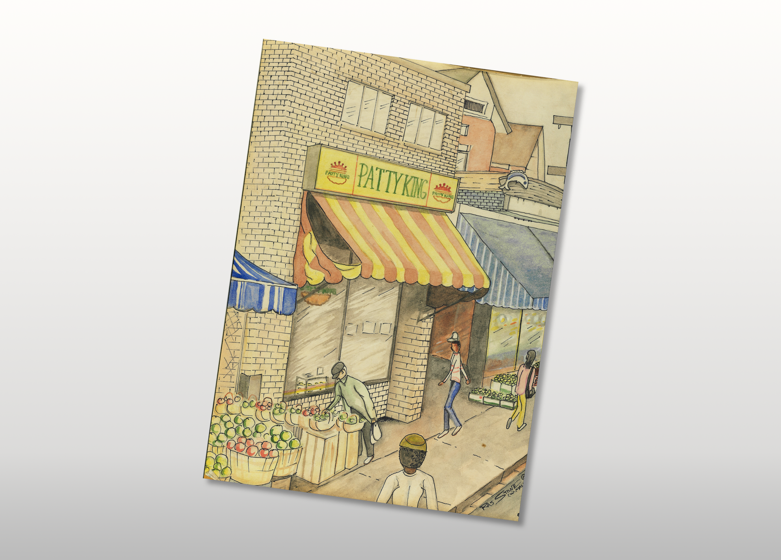 A hand-drawn illustration of the original Patty King Bakery in Kensington Market, Toronto.