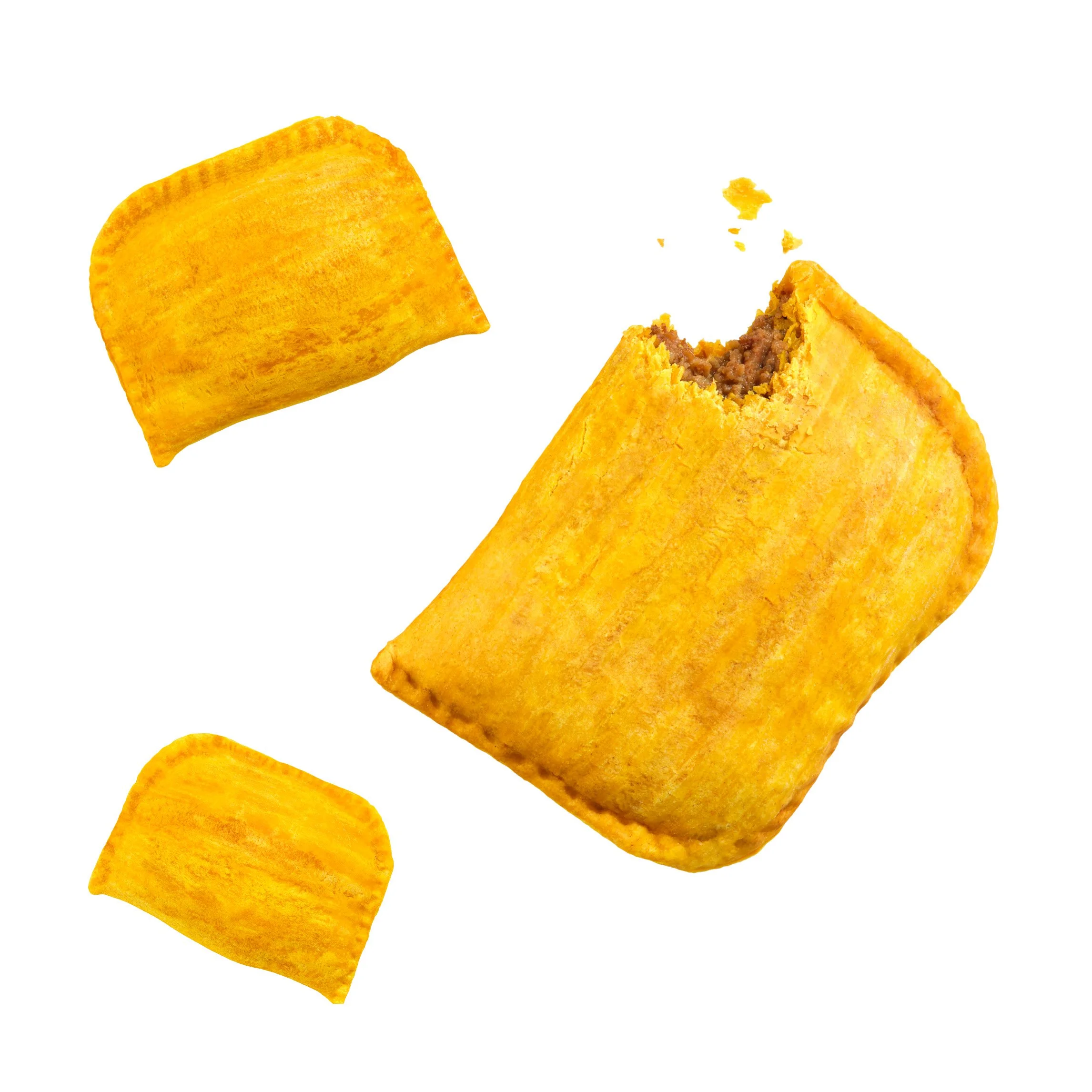 Three patties, one of which has a bite taken out of it.