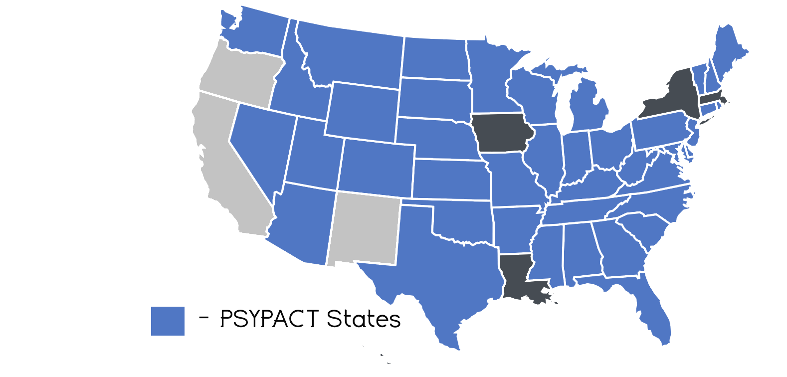 Map of the United States showing states with PSYPACT membership in blue and non-member states in gray, with a legend indicating PSYPACT States.