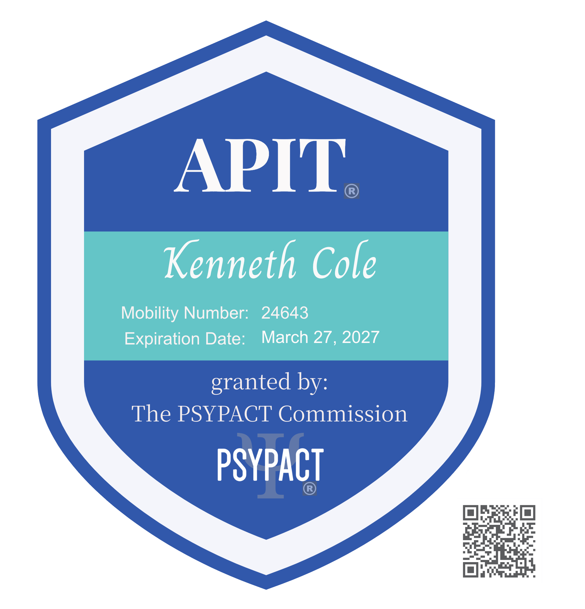 PSYPACT Authorization for psychologist, Dr. Kenneth Cole, granted by The PSYPACT Commission.  Authorizations enables Dr. Cole to see clients in 42 states.