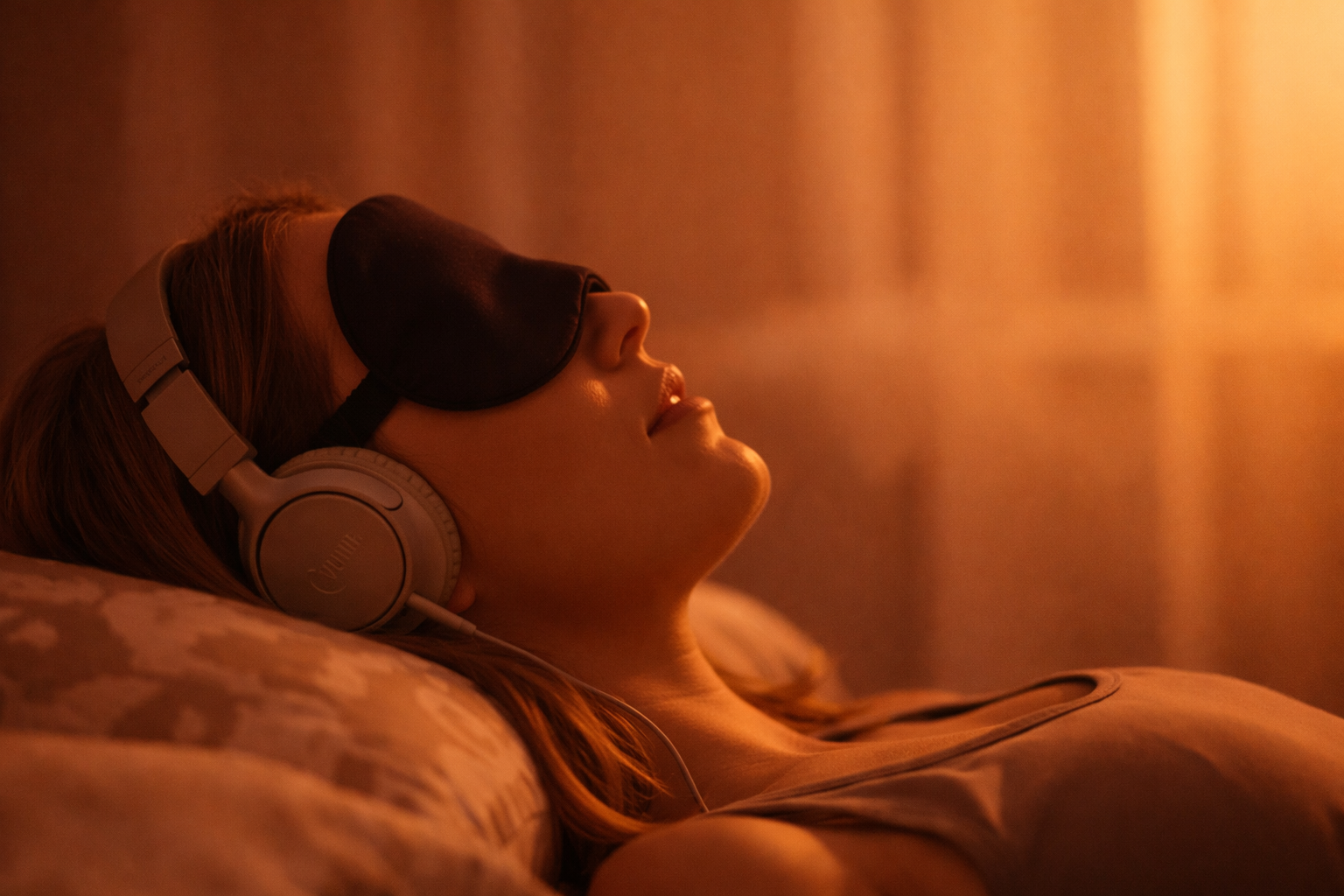 Woman resting with eye mask and headphones during a guided psychedelic journey, lying comfortably in warm ambient light to support relaxation, inward reflection, and a safe therapeutic experience.