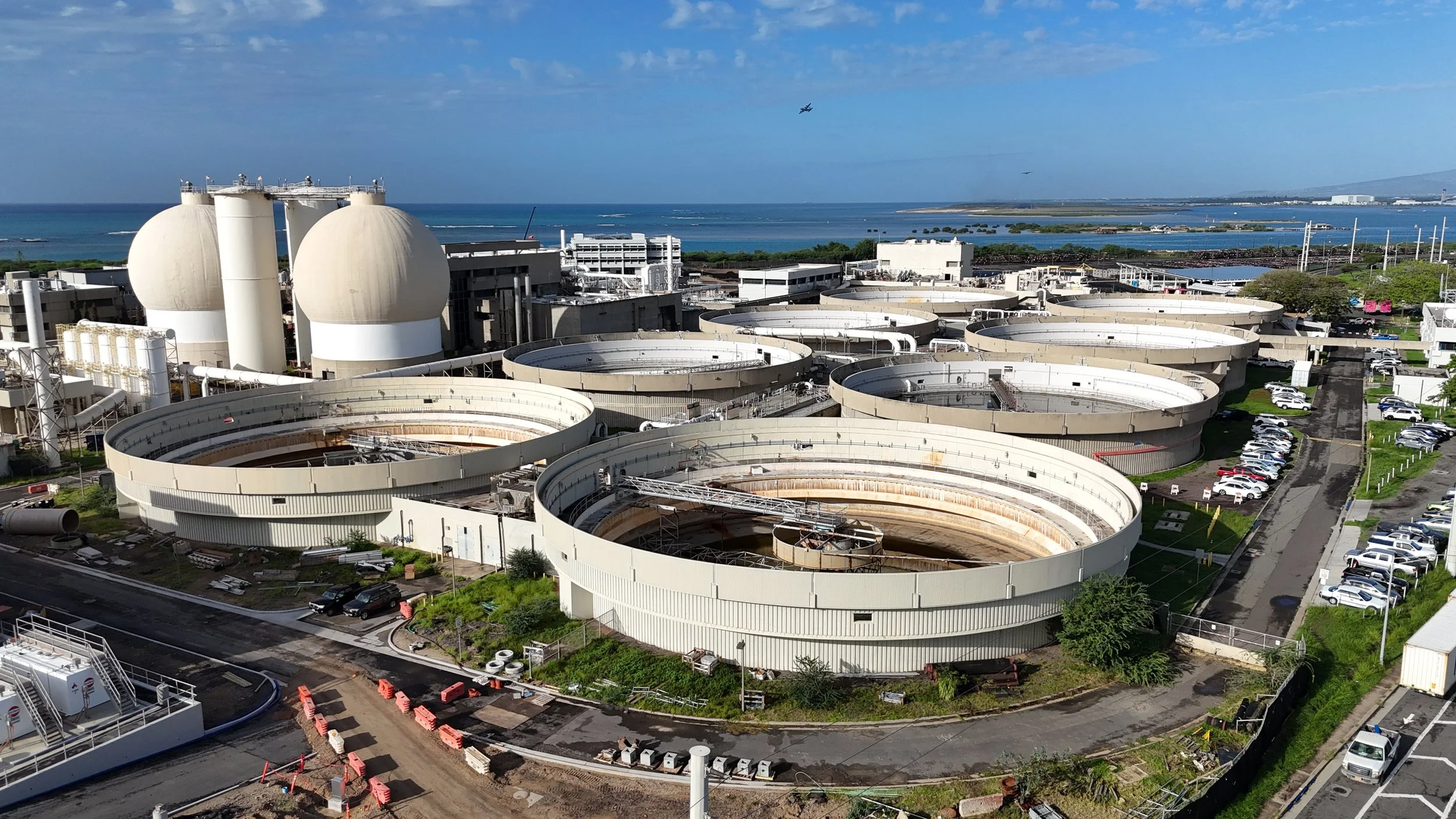 Photo of the primary clarifying tanks at SIWWTP