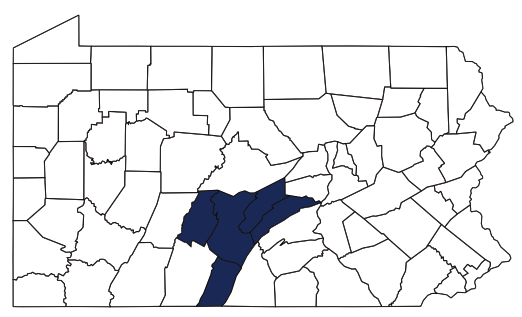 Map of Pennsylvania with Blair, Huntingdon, Mifflin, Juniata, and Fulton counties highlighted