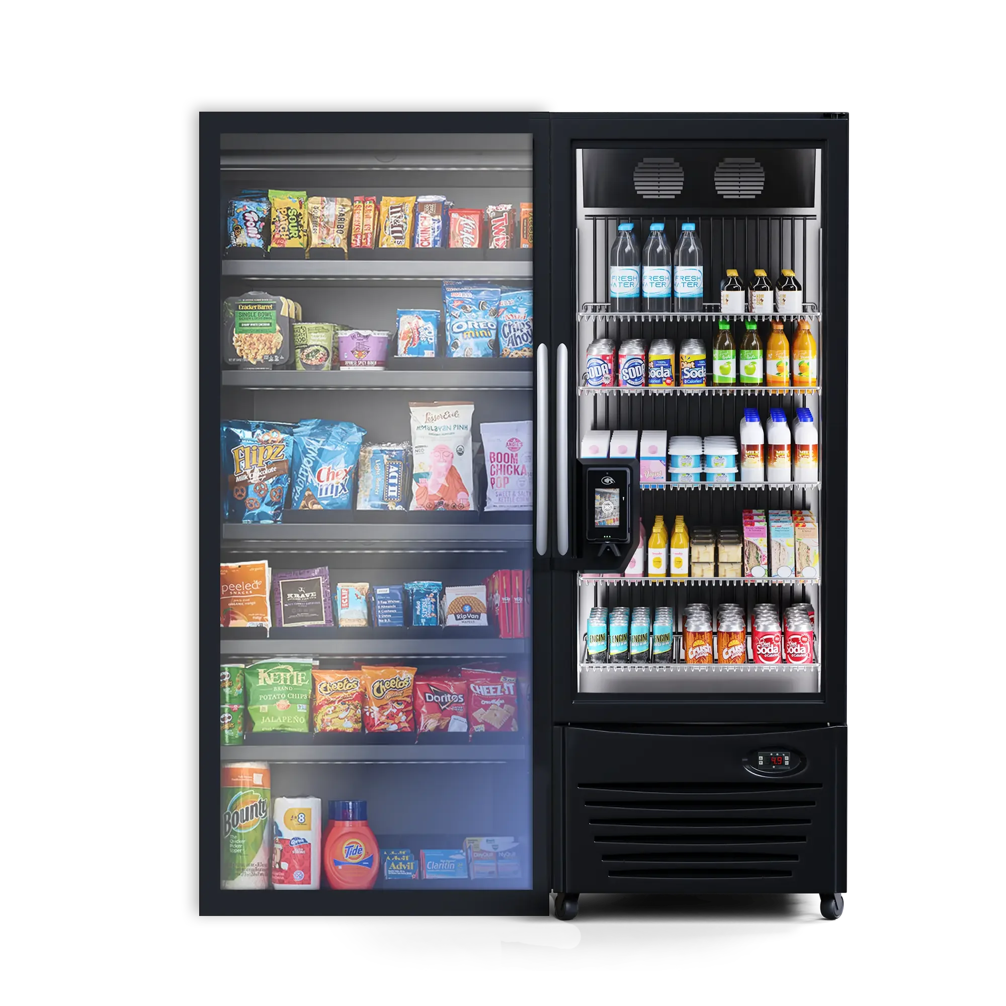 A vending machine with snacks on the left and beverages on the right.