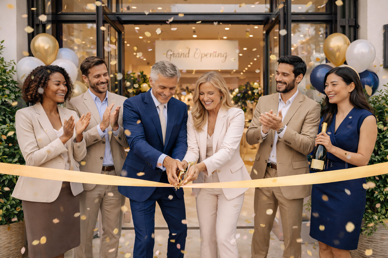 Hombres y mujeres en trajes de negocios en la apertura de una tienda, cortando una cinta con tijeras, rodeados de globos y confeti, con un cartel que dice "Grand Opening" en el fondo.