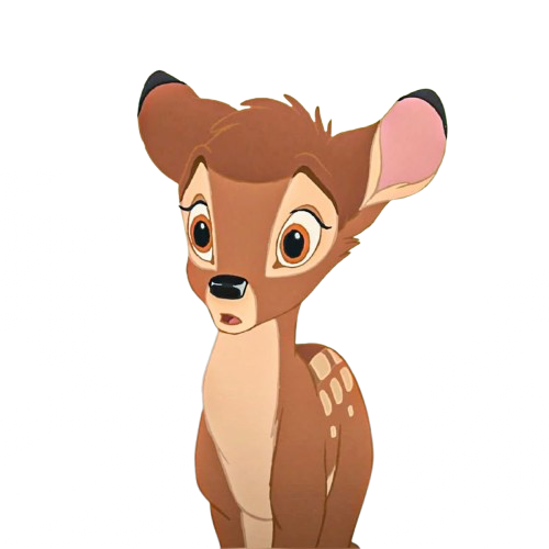 Animated image of a young deer with big eyes and a curious expression.