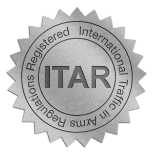 Silver ITAR certification badge with a starburst shape and embossed text