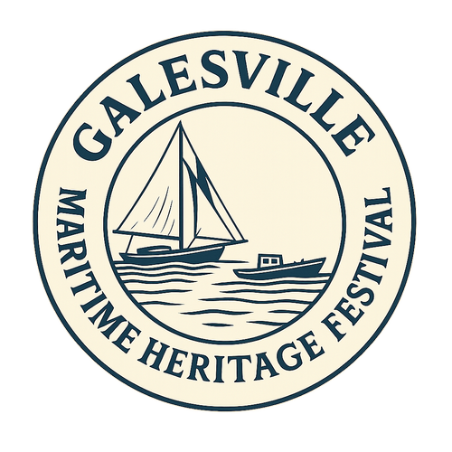 A circular logo for the Galesville Maritime Heritage Festival featuring a sailboat and a motorboat on water, with the event name around the circle.