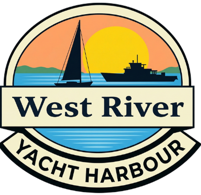 Logo of West River Yacht Harbour featuring a sailboat, a ship, a setting sun, and water