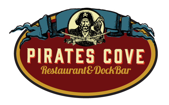 Logo for Pirates Cove Restaurant & Dock Bar featuring a pirate with crossed swords and a parrot, with blue, black, and yellow accents.