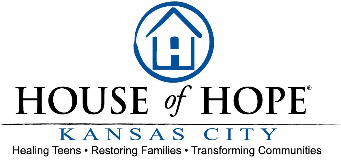 Logo of House of Hope Kansas City featuring a blue house icon with a roof and door, and text indicating it is an organization for healing teens, restoring families, and transforming communities in Kansas City.