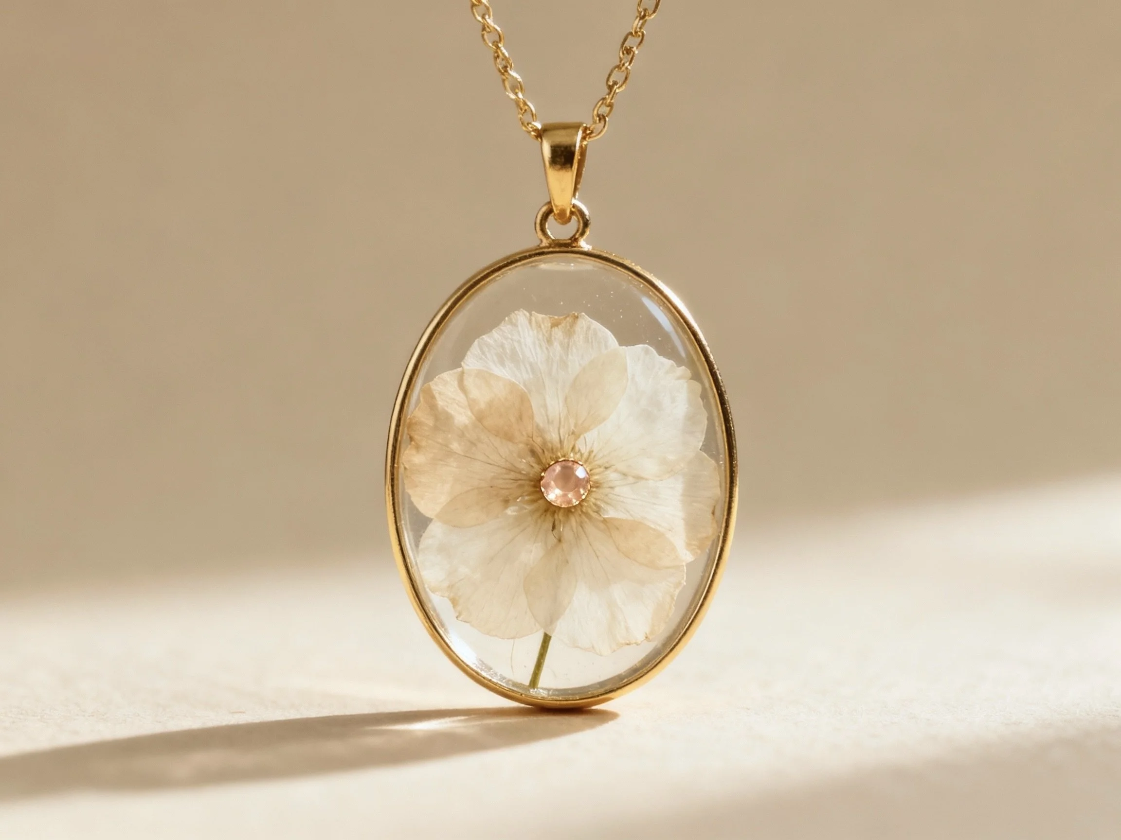 Gold pendant necklace with a pressed flower and a pink gemstone at the center, hanging against a beige background.