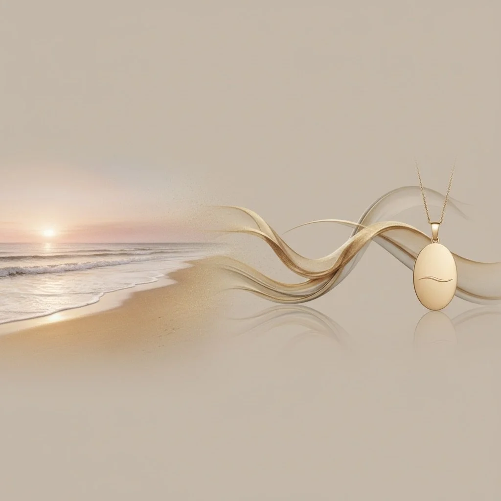 A sunset over the ocean with gentle waves and a sandy beach, alongside a close-up of a gold necklace with an oval pendant and abstract flowing design in the background.
