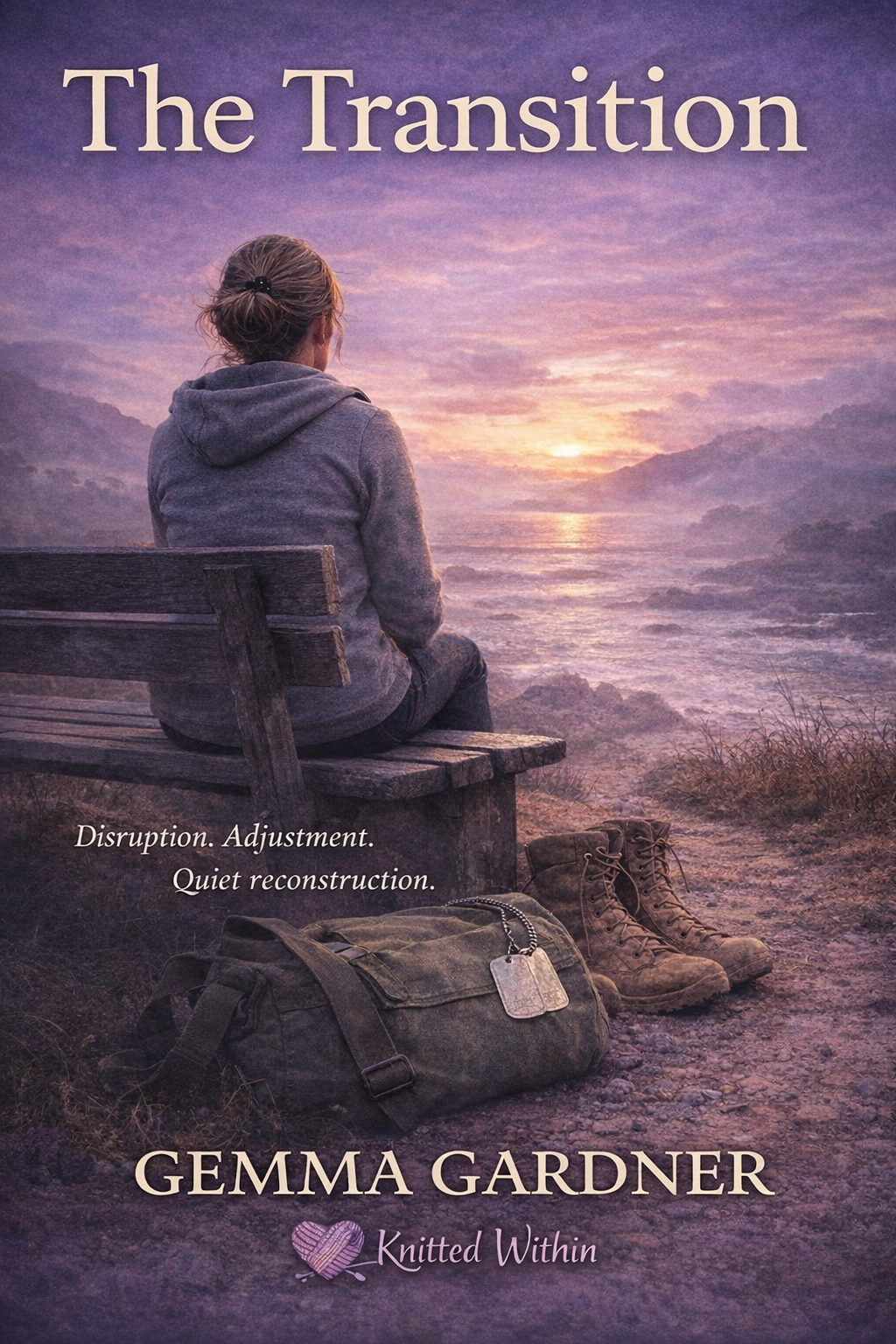 A woman sitting on a wooden bench by the shore, looking at a sunset over the ocean, with hiking boots and a backpack on the ground nearby. The image is the cover of a book titled 'The Transition' by Gemma Gardner, with the tagline 'Disruption. Adjustment. Quiet reconstruction.'