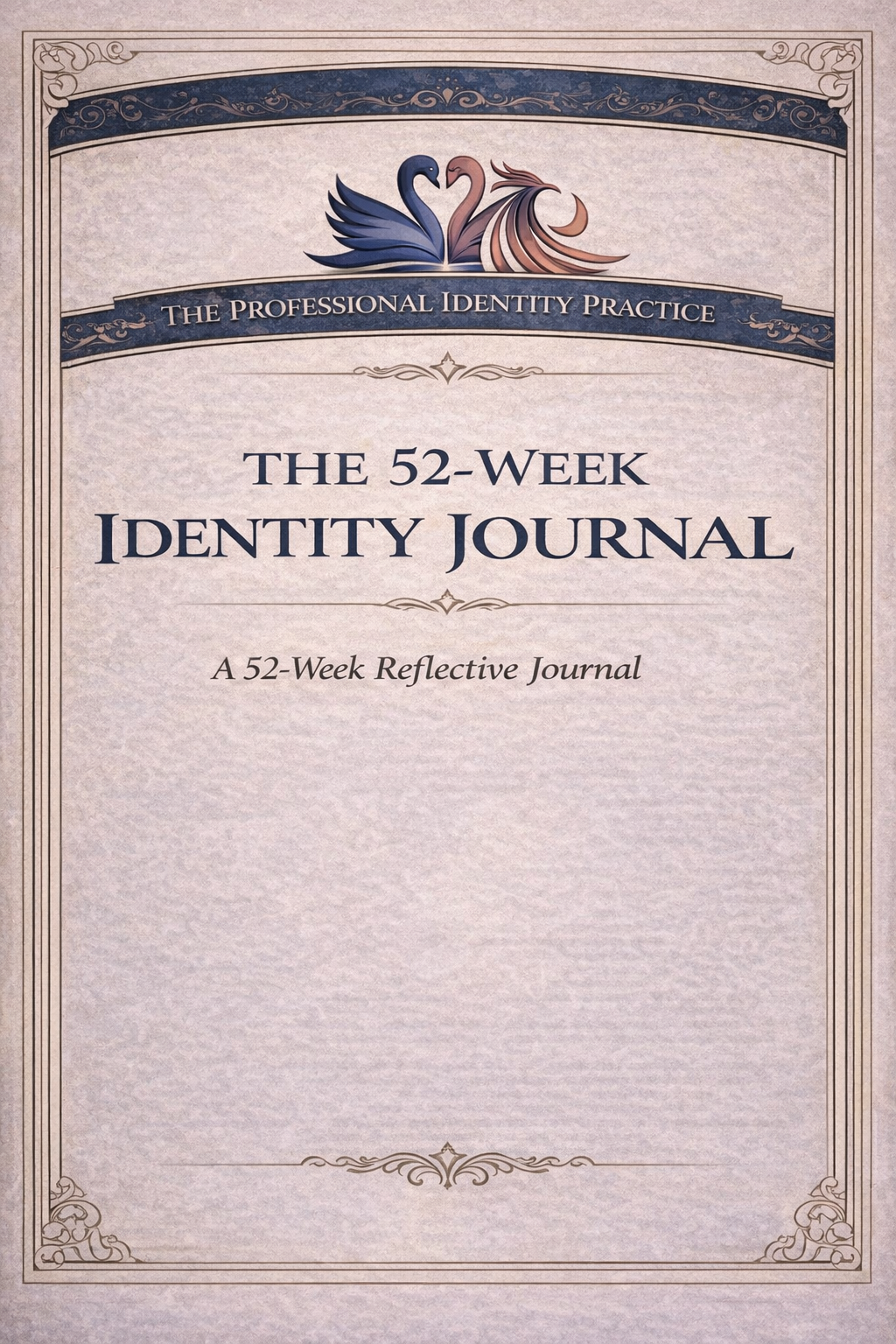 Cover of a journal titled 'The 52-Week Identity Journal' with decorative swan artwork at the top and ornate border, labeled as a forty-two week reflective journal on professional identity practice.
