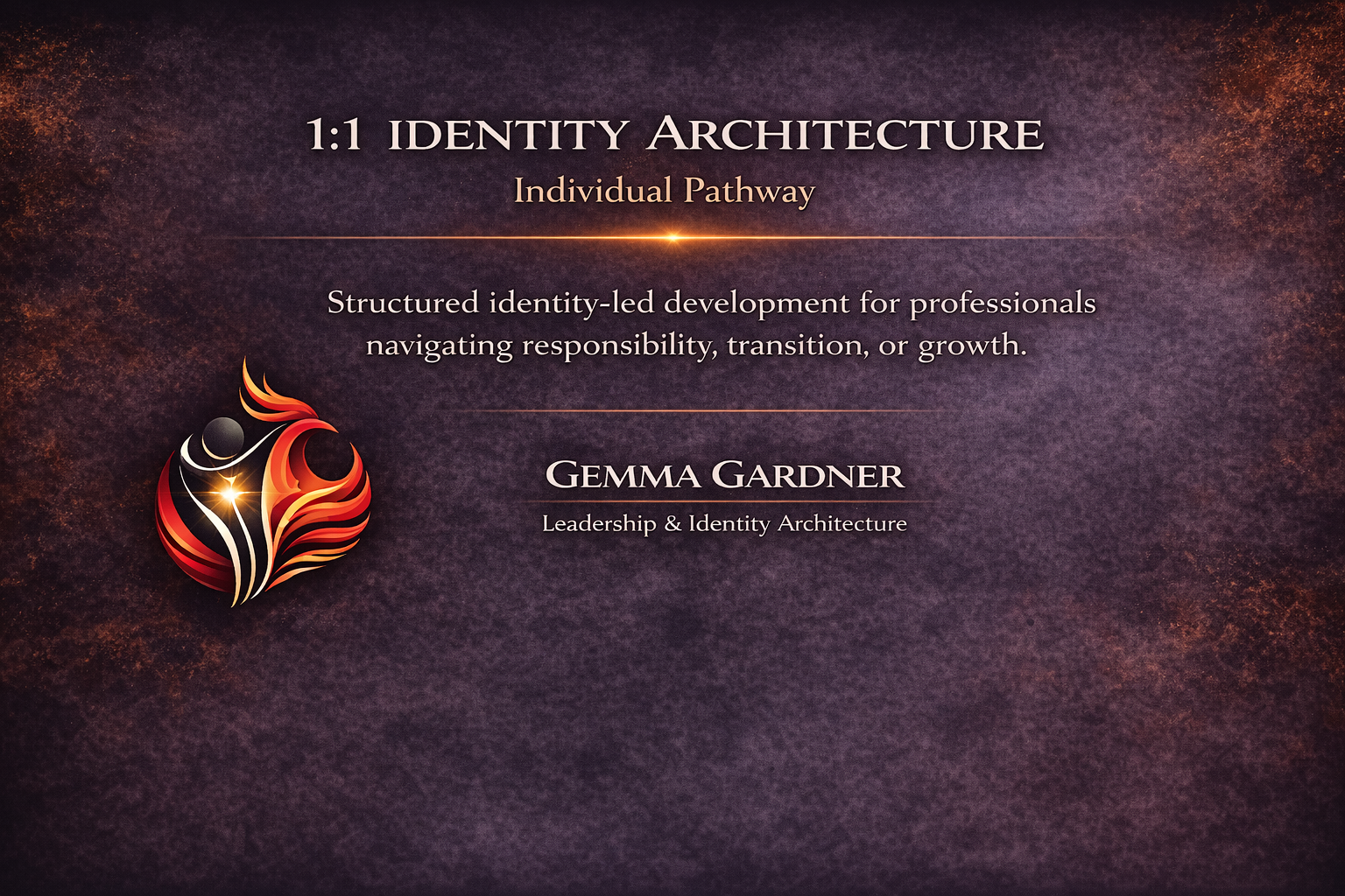 Title slide for a presentation on 1:1 Identity Architecture, featuring a logo with a stylized flame and abstract human figure, and the name Gemma Gardner.