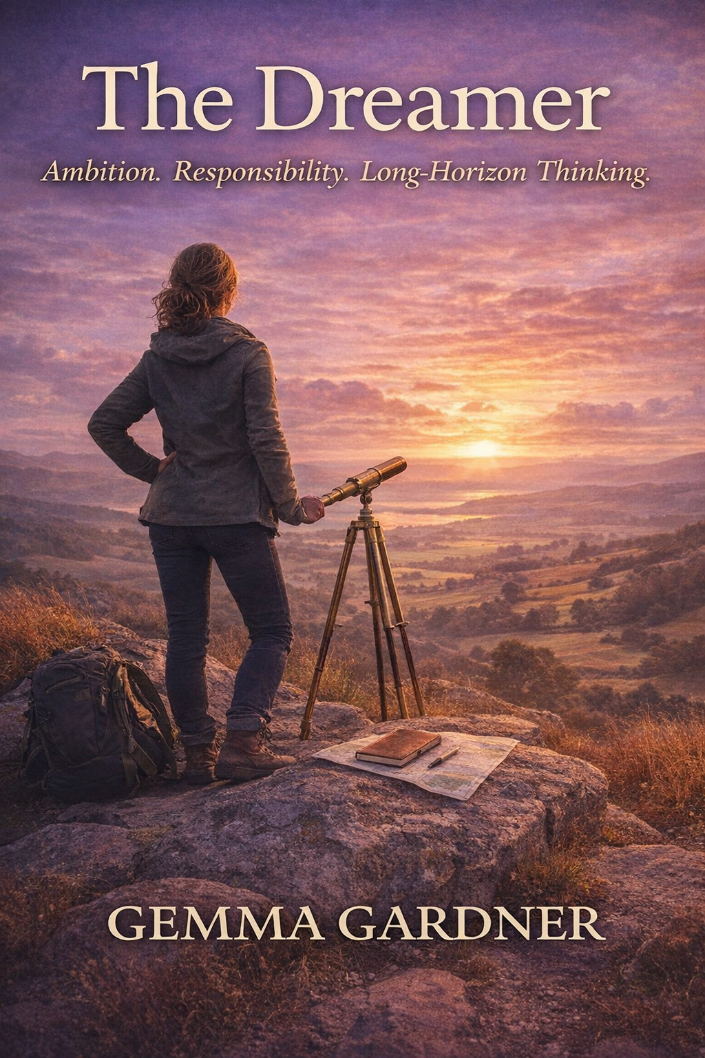 Book cover titled 'The Dreamer' by Gemma Gardner, featuring a woman standing on a rocky hilltop looking at a sunset over a scenic valley with a telescope, map, and backpack nearby.