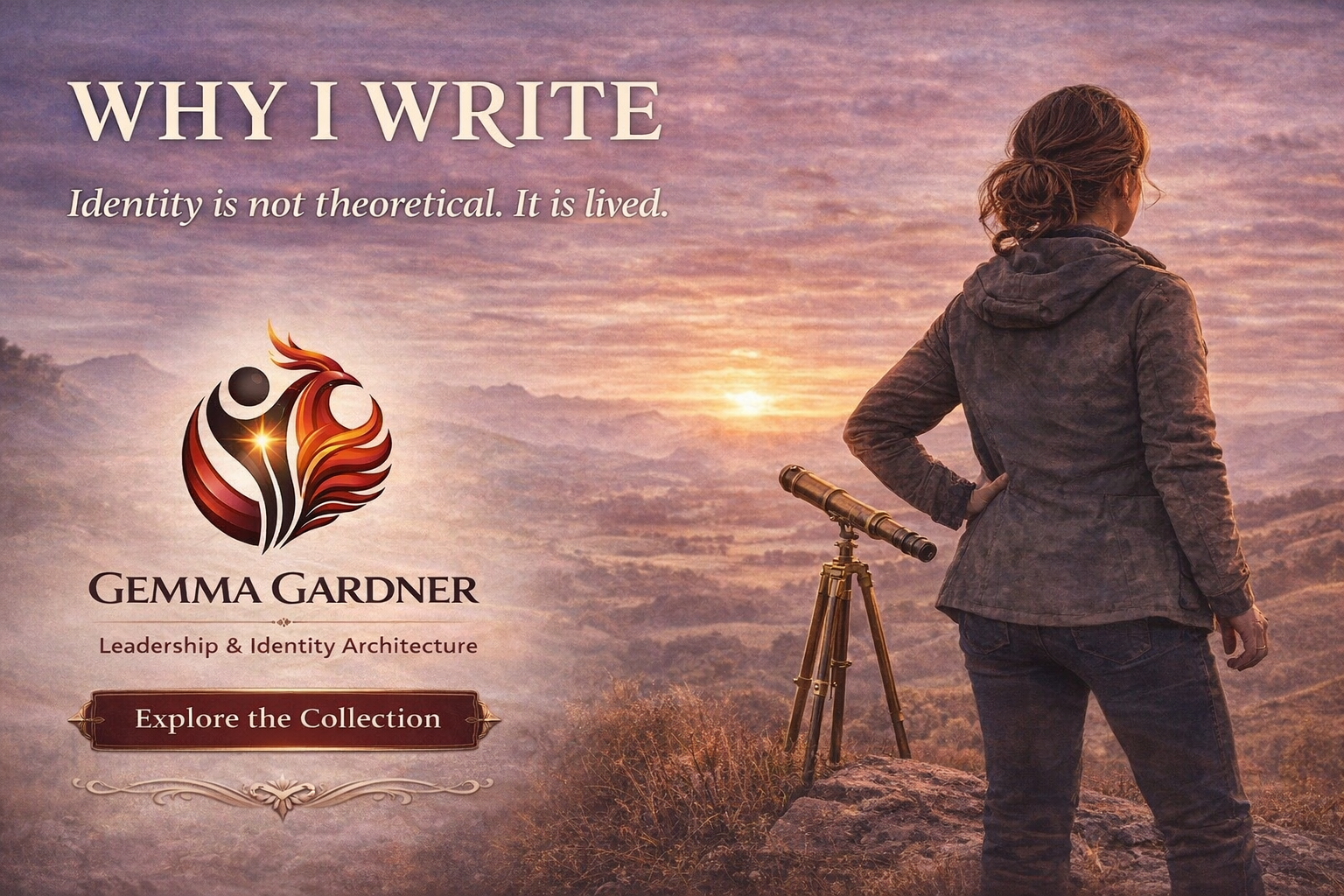 A woman stands on a rocky overlook at sunset, looking through a telescope towards the horizon. The sky is filled with pink and purple clouds, and there are mountains in the distance.