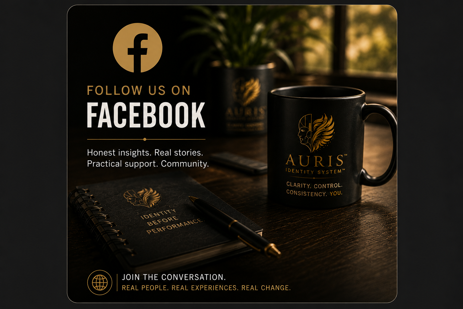 A promotional image for Auris Identity System displaying a Facebook follow call-to-action, with a black mug and planner on a wooden desk. The Mug and planner feature the Auris logo and tagline, with text emphasizing community, practical support, and identity performance.