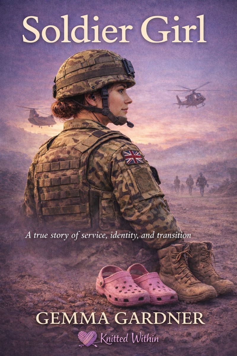 Book cover for "Soldier Girl" by Gemma Gardner featuring a female soldier in camouflage uniform with a Union Jack patch, sitting on the ground next to pink Crocs and brown military boots, with helicopters flying in a sunset sky in the background.