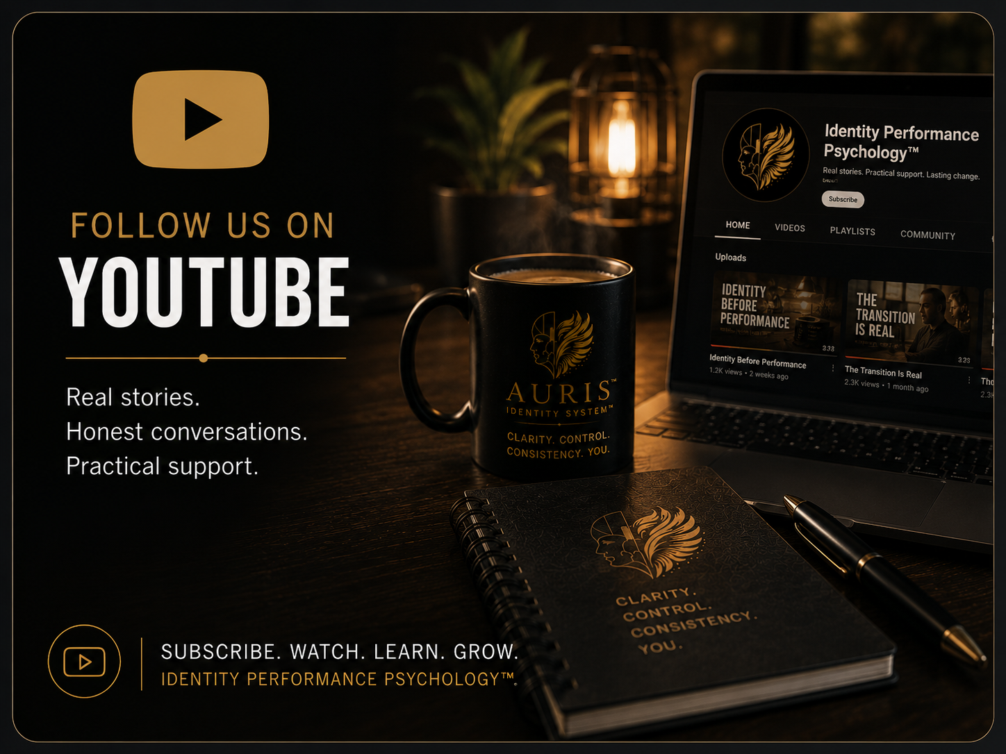 A promotional image encouraging viewers to follow the YouTube channel for 'Identity Performance Psychology'. The image features a black mug with gold branding, a spiral notebook with similar branding, a marker, and a laptop displaying the YouTube channel page. The background shows a warm, cozy setting with a lantern, a plant, and dark wooden table.