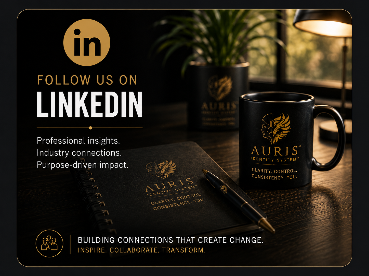 A promotional image encouraging viewers to follow a company named Auris on LinkedIn. The image features a black mug with gold branding, a black notebook with gold branding, a pen, and a potted plant on a wooden desk, illuminated by warm lighting.