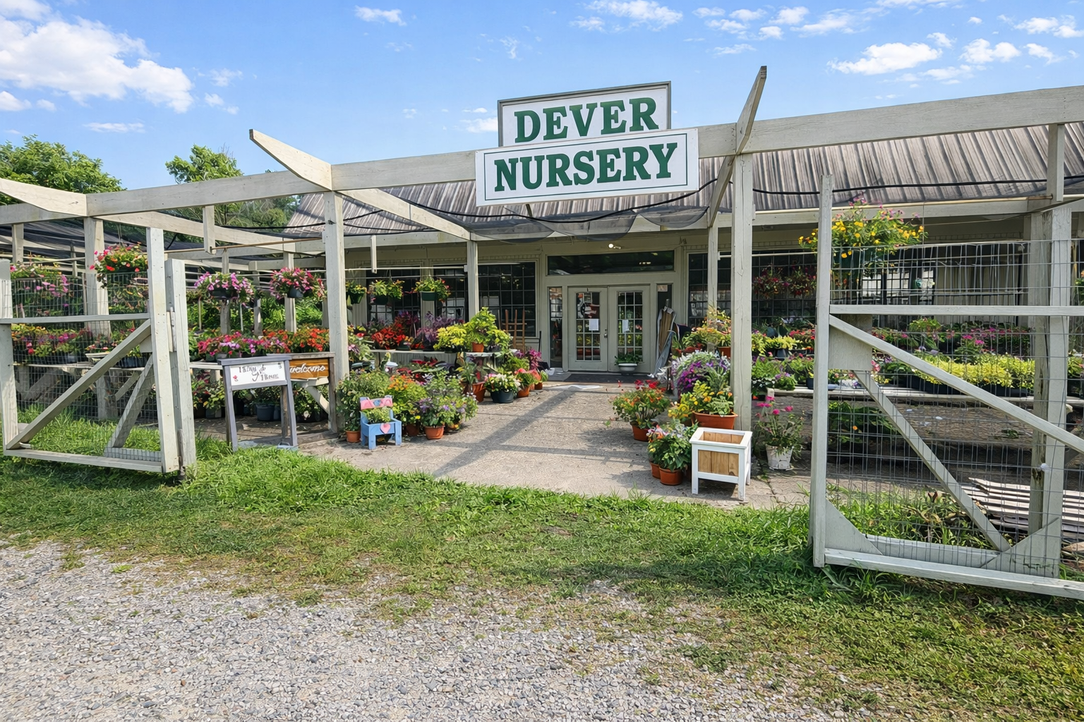 Front view of Dever Nursery with flowers and plants outside. The sign reads 'Dever Nursery' in green letters. The entrance is framed by a white wooden gate and a pathway leading to glass doors.