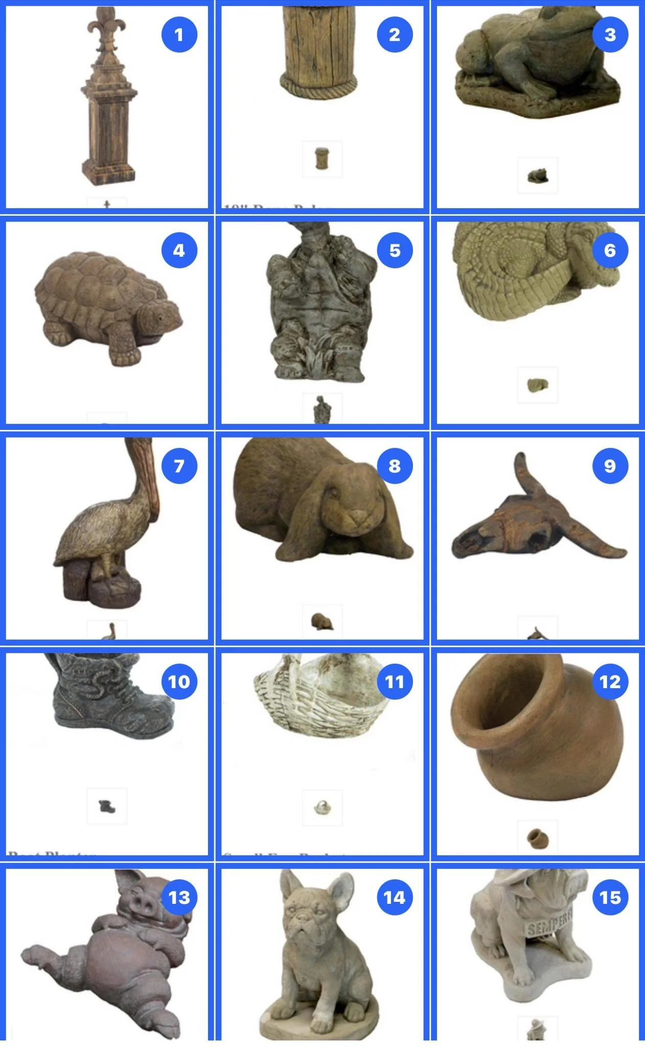 A collage of 15 images of various small concrete figurines and statues of animals and objects, for sale at Dever Nursery In North Sulphur Louisiana