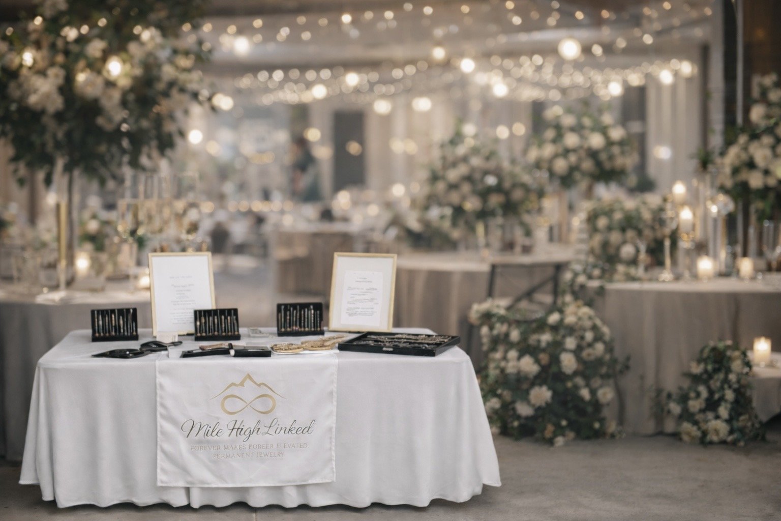 Jewelry display table with frames, jewelry, and a sign that reads 'Mile High Linked, Forever Makes Forever Elevated, Germain Jewelry' at a decorated event venue with flowers and candles.