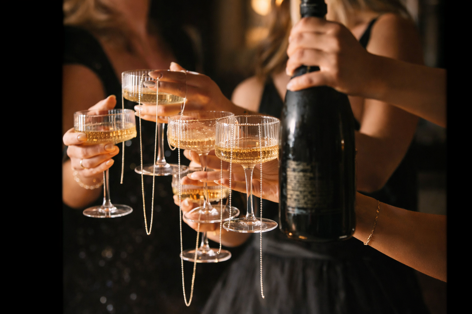 A group of women celebrating with champagne, holding glasses filled with bubbly, and a bottle of champagne in the foreground. The women are dressed in black and wearing jewelry, with a warm, festive atmosphere.