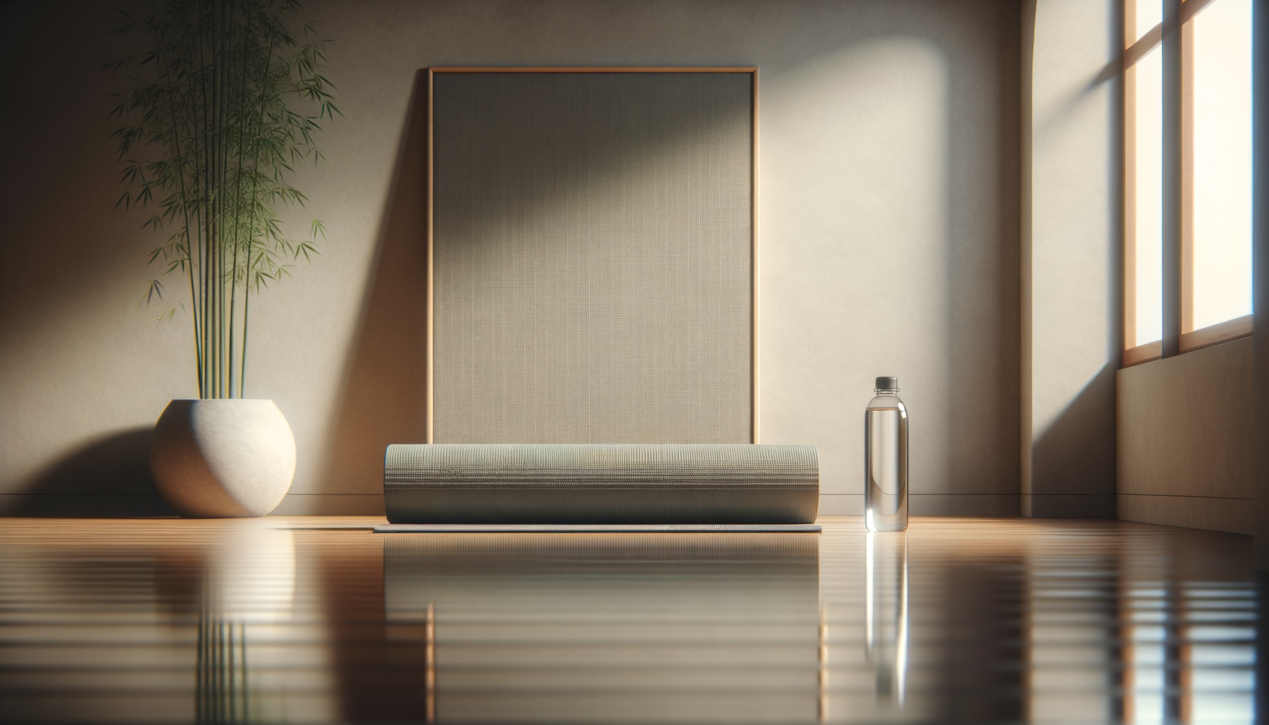 Minimalist yoga or meditation space with a yoga mat, water bottle, and a large potted plant in a serene room with sunlight.