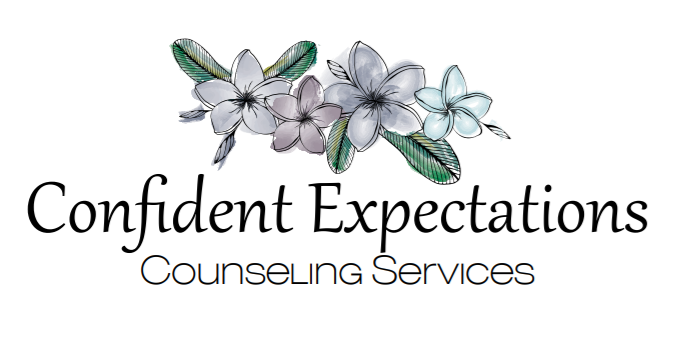 Logo for Confident Expectations Counseling Services with illustration of flowers and hummingbird